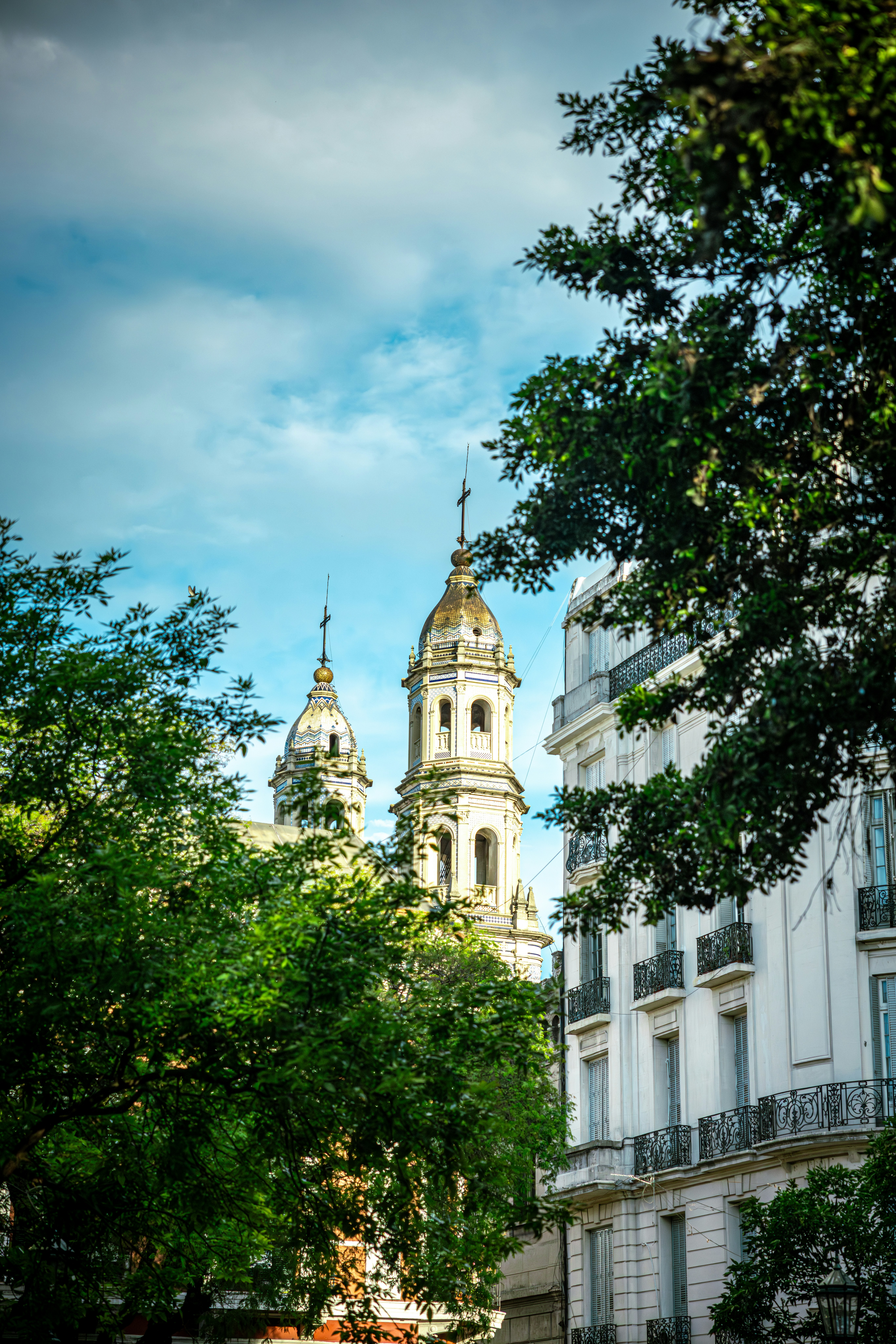 Towers of a cathedral seen through green trees.