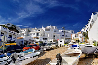 White buildings and boats on a sunny day