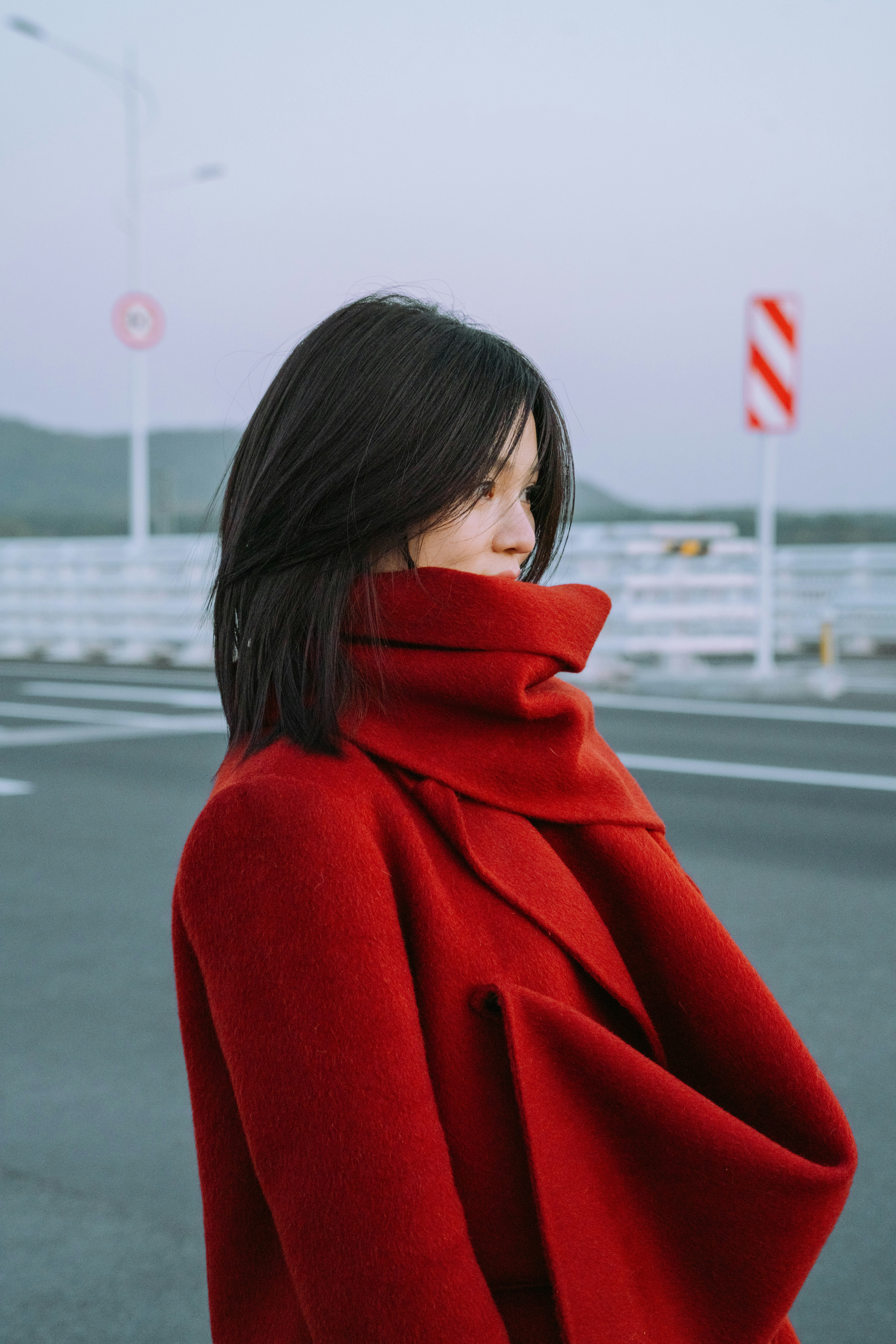 Woman in a red coat on a road