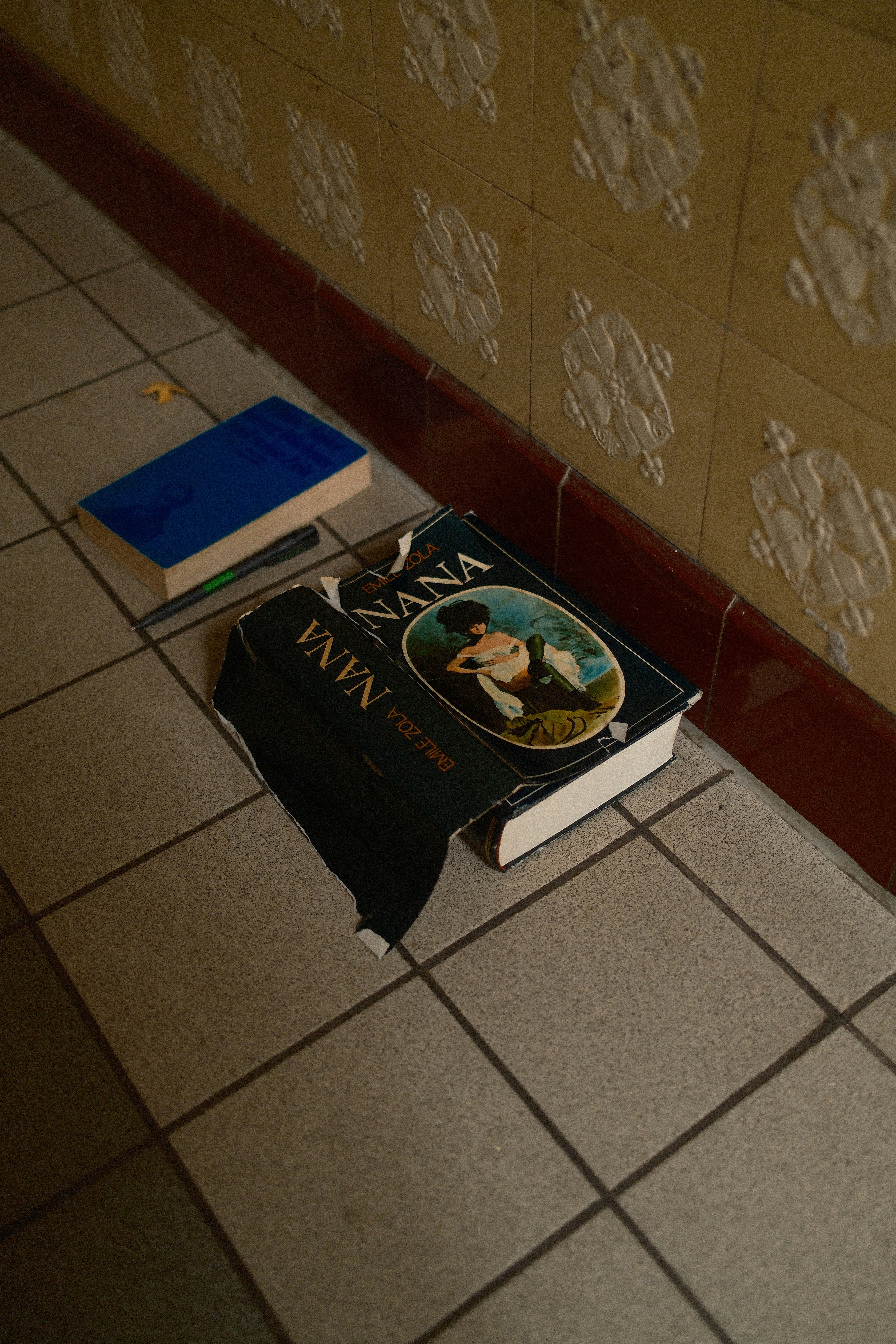 Two books and a pen on tiled floor.