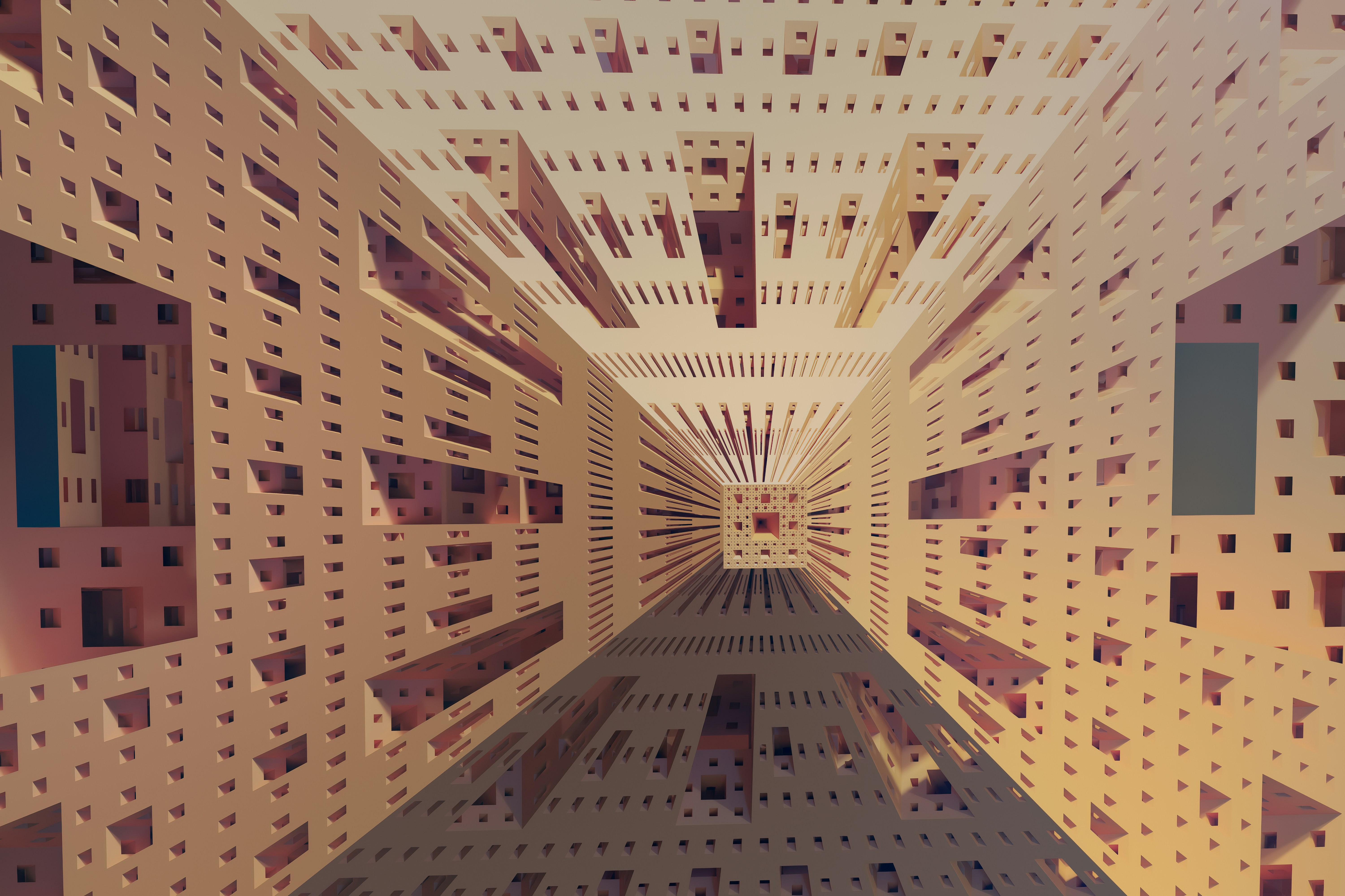 Abstract geometric tunnel with intricate patterns and openings