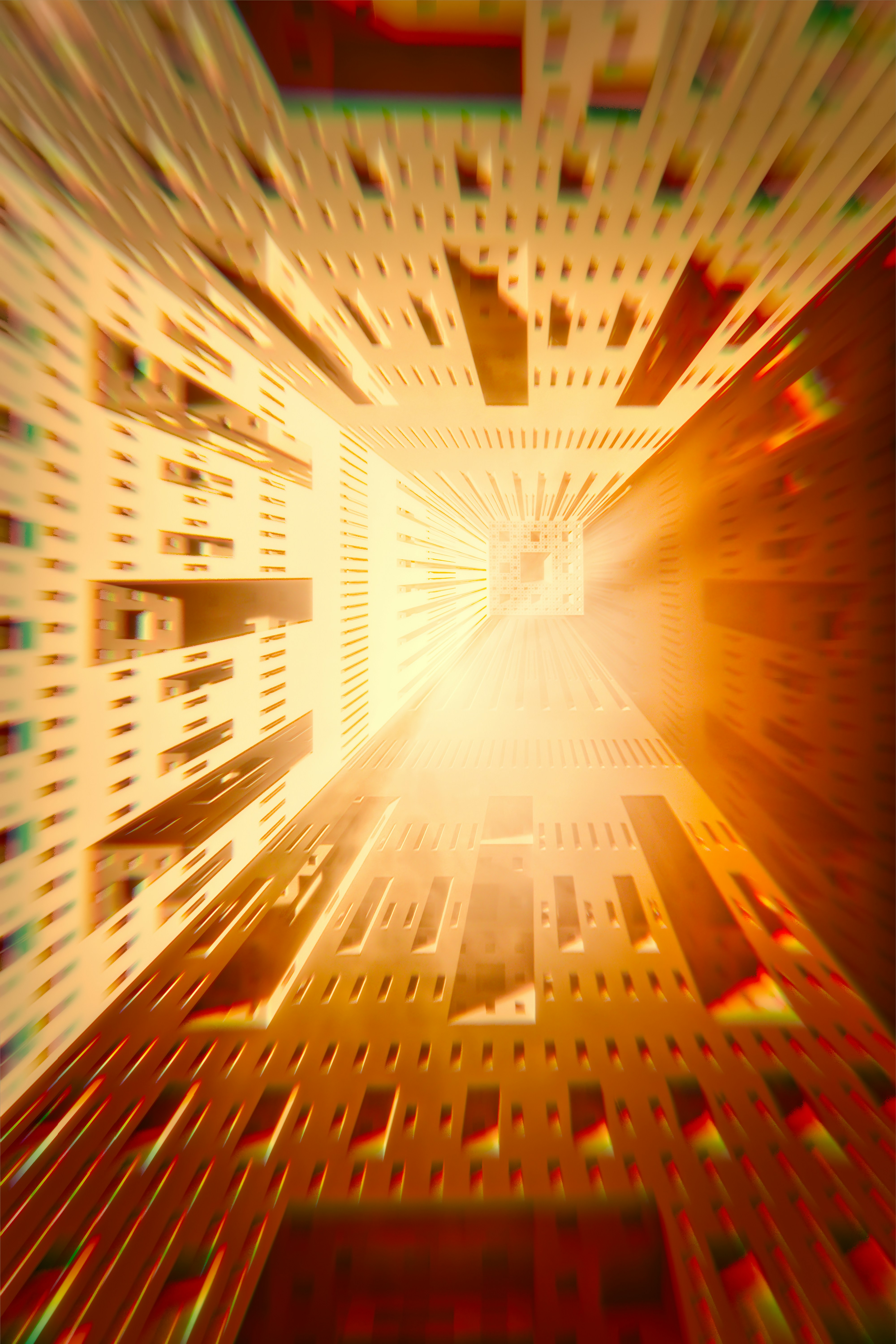 Abstract tunnel with glowing bright light at the end.