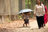 Children share umbrella while walking outdoors