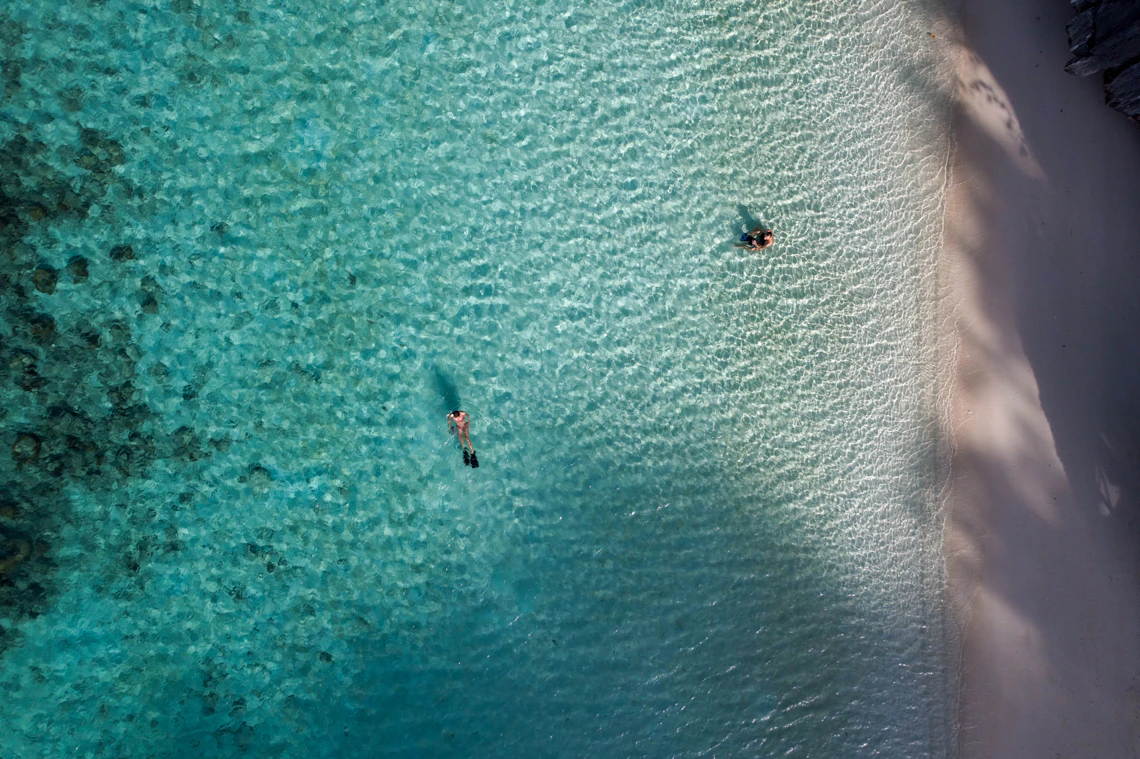 Two people exploring clear blue ocean water on paddleboards