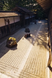 Zen garden with raked sand and rocks