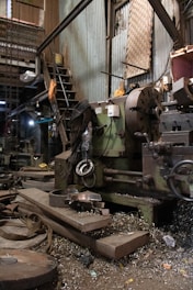 Industrial workshop with lathe and metal shavings