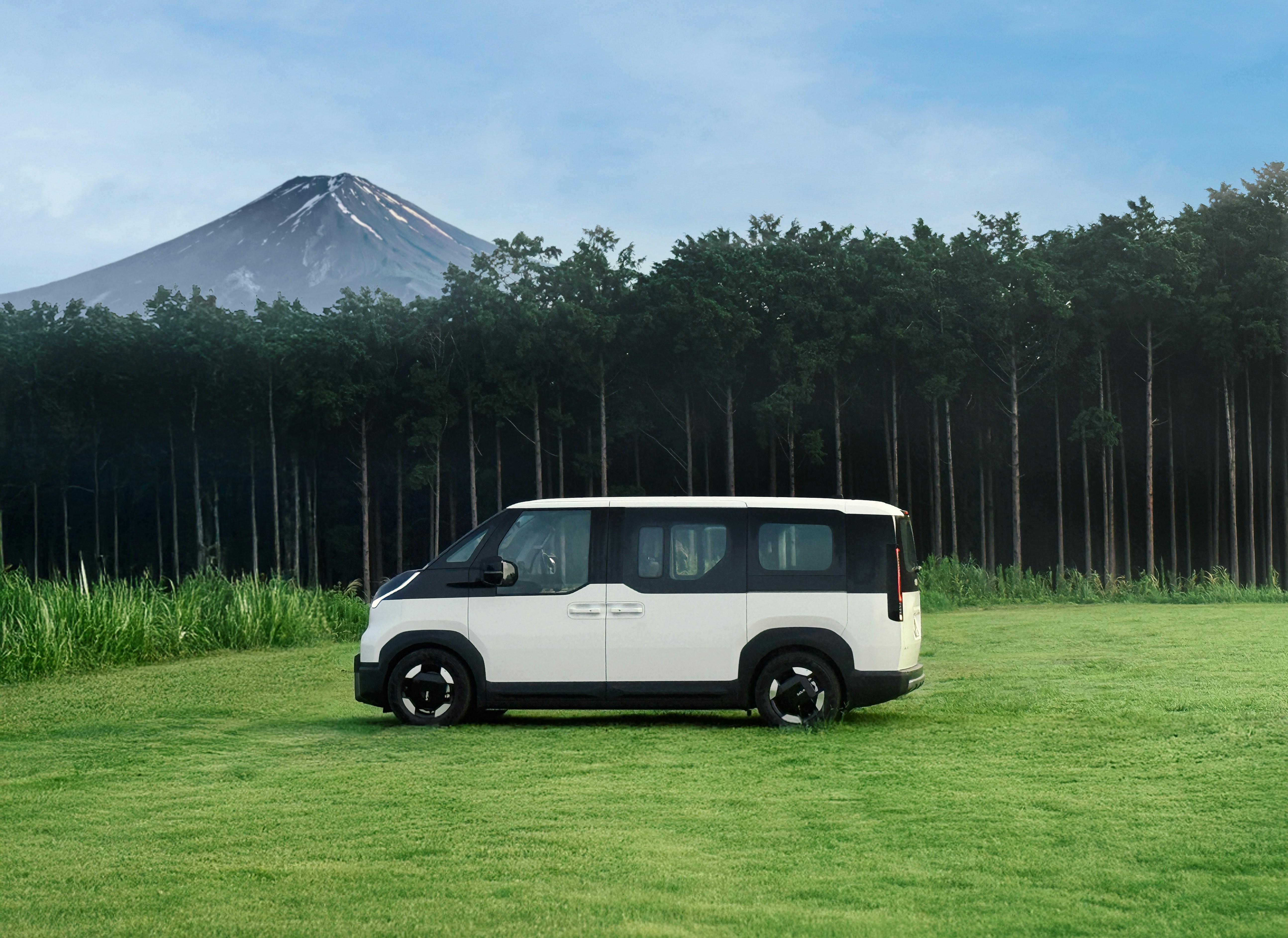 White van parked on grassy field with mountain background
