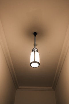 A hanging ceiling light fixture with a decorative shade.