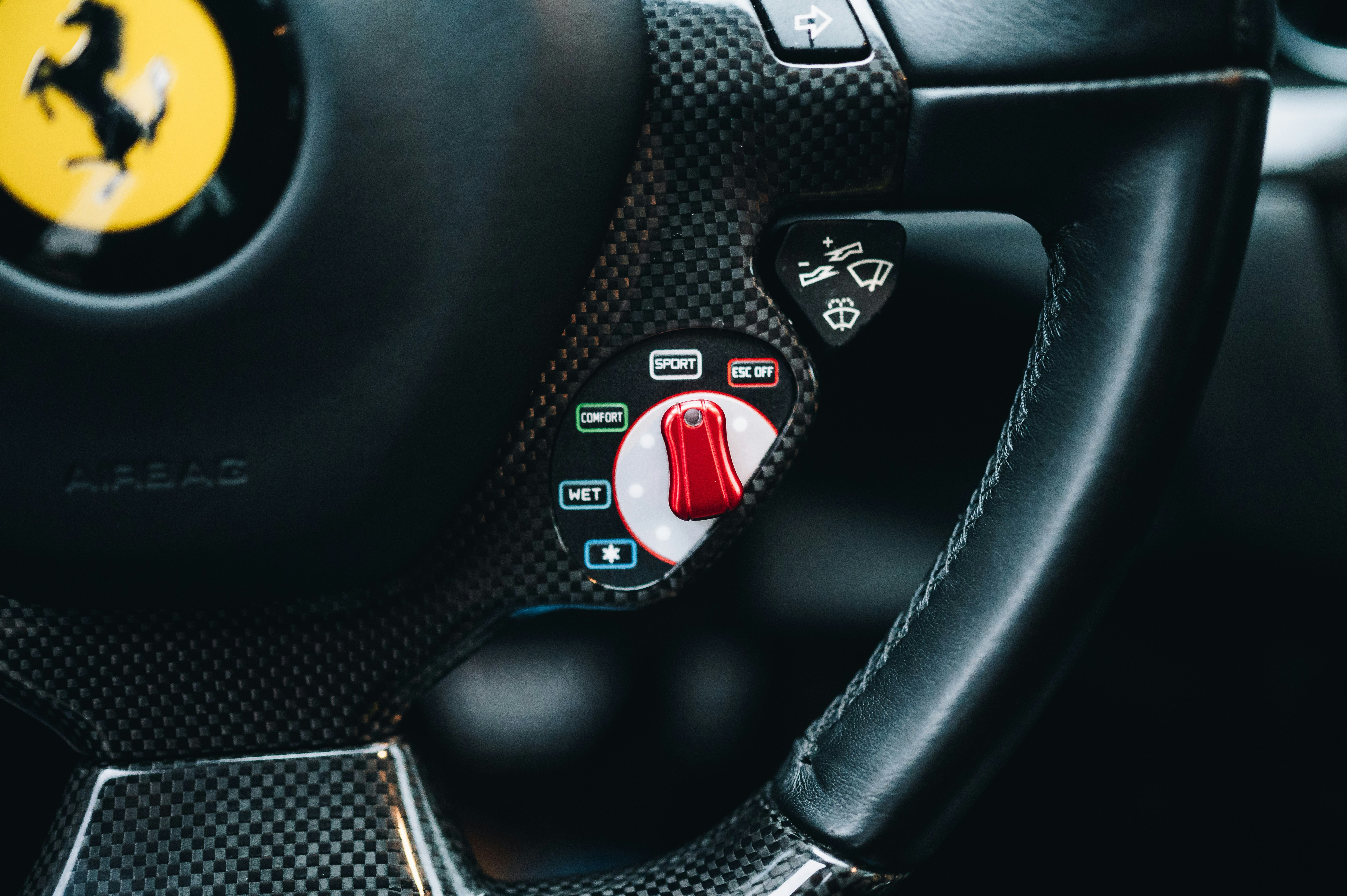 Close-up of a luxury car steering wheel