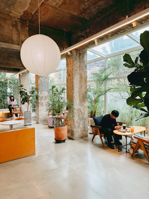 People relaxing in a bright, plant-filled cafe.