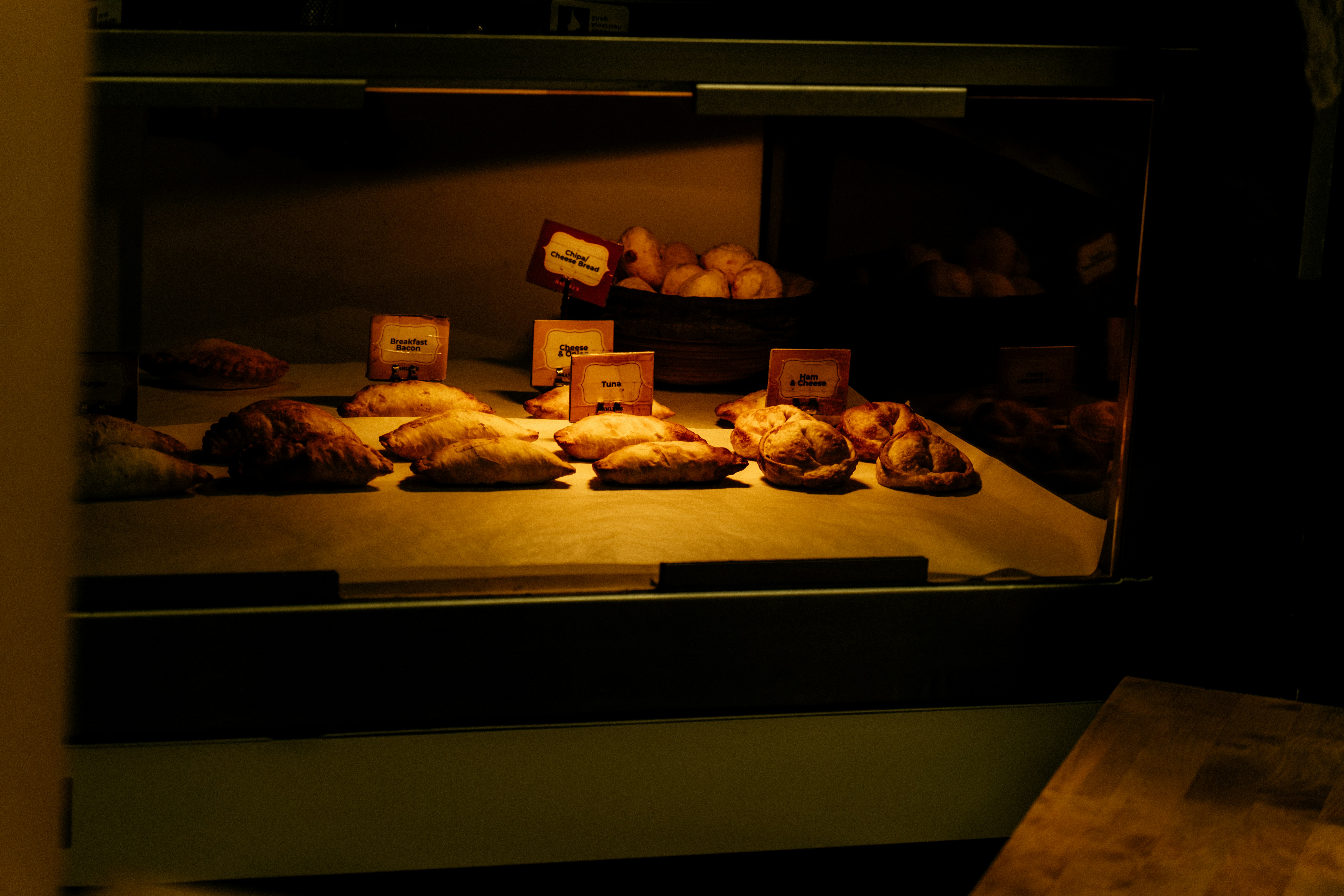 Pastries displayed in a bakery case