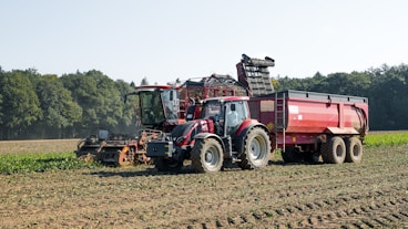 Red tractor harvesting crops in a field.
