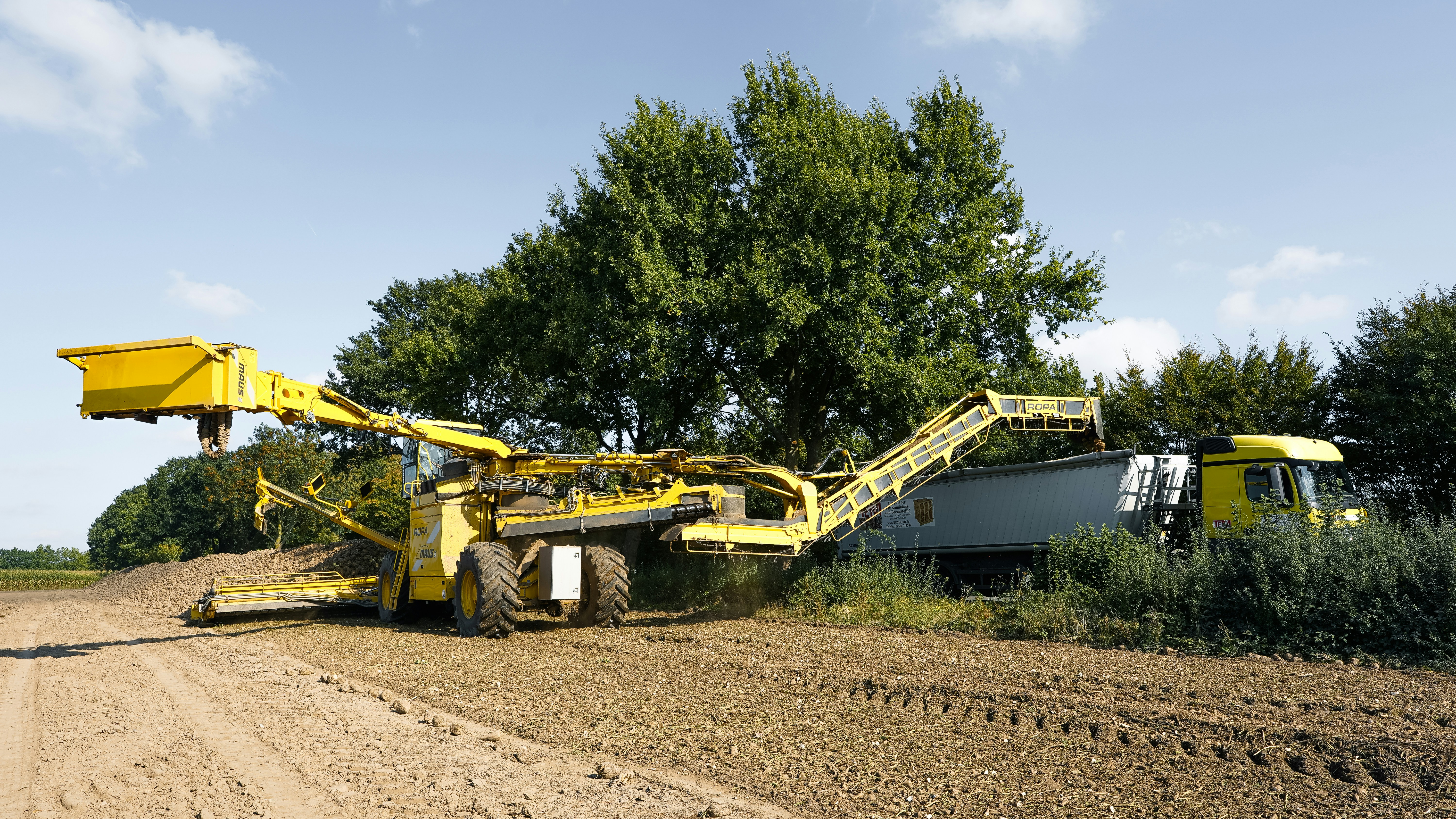 Yellow agricultural machine on a dirt field