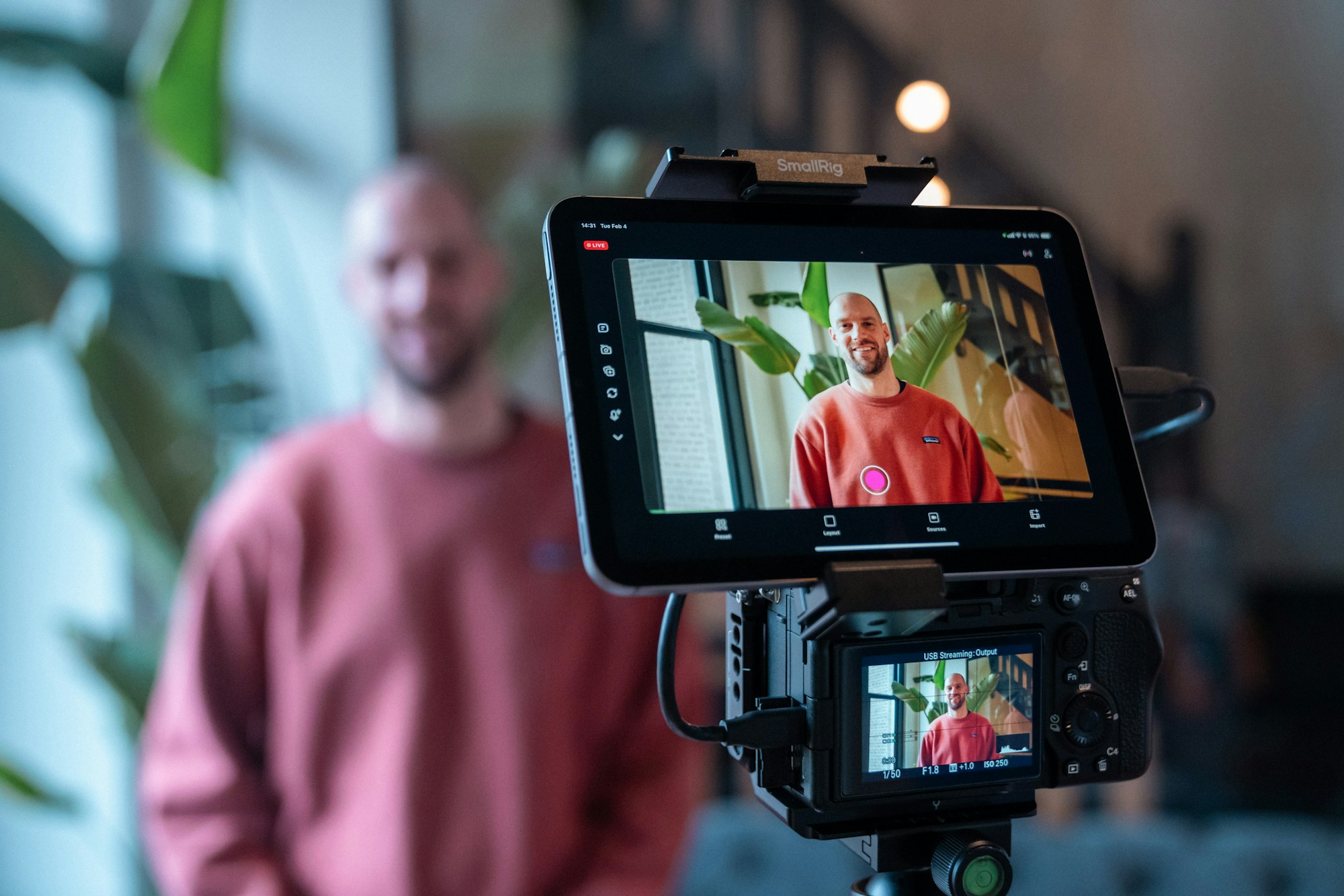 Creator recording an on-camera video with a production camera