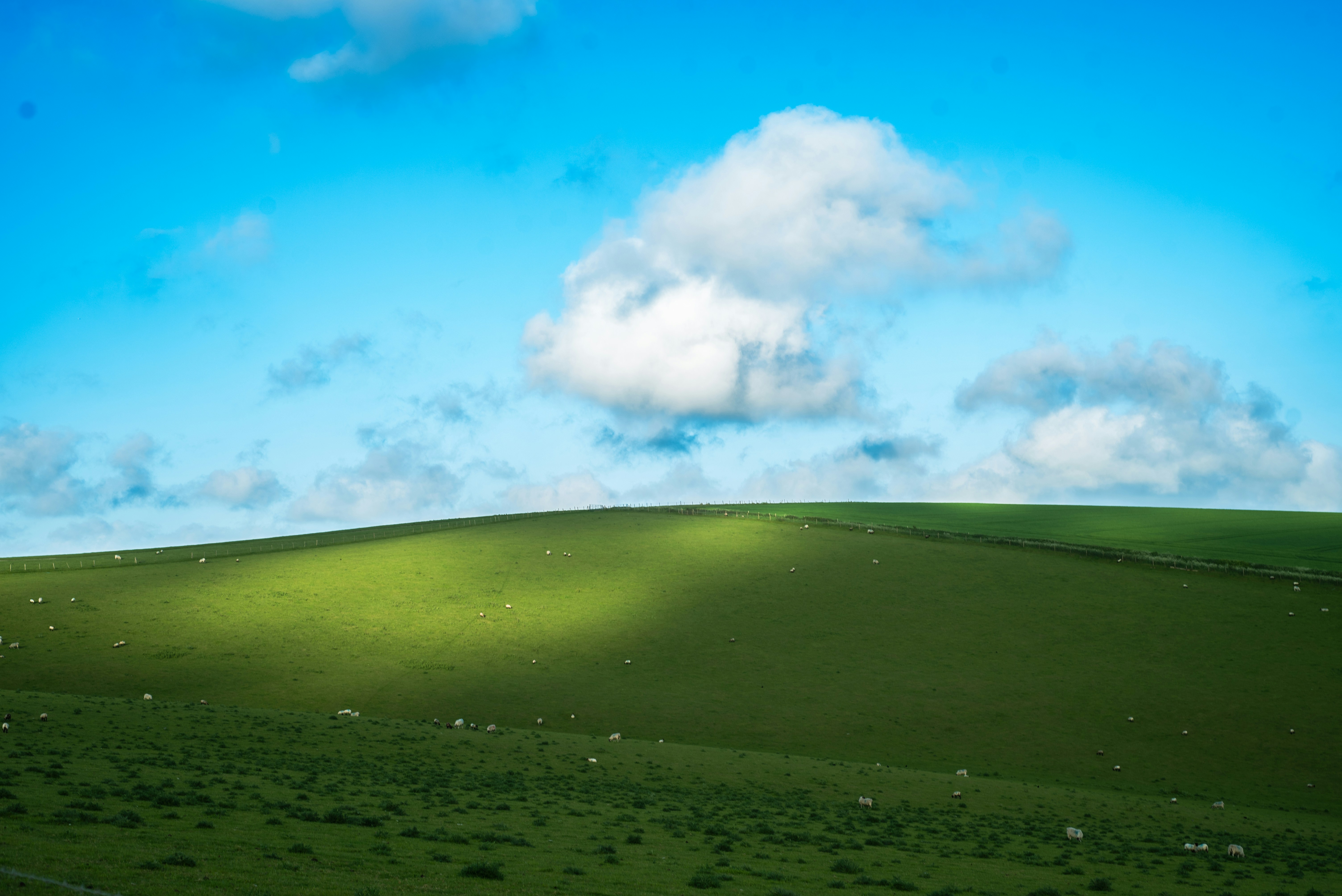 Colline verdi e ondulate sotto un cielo azzurro nuvoloso