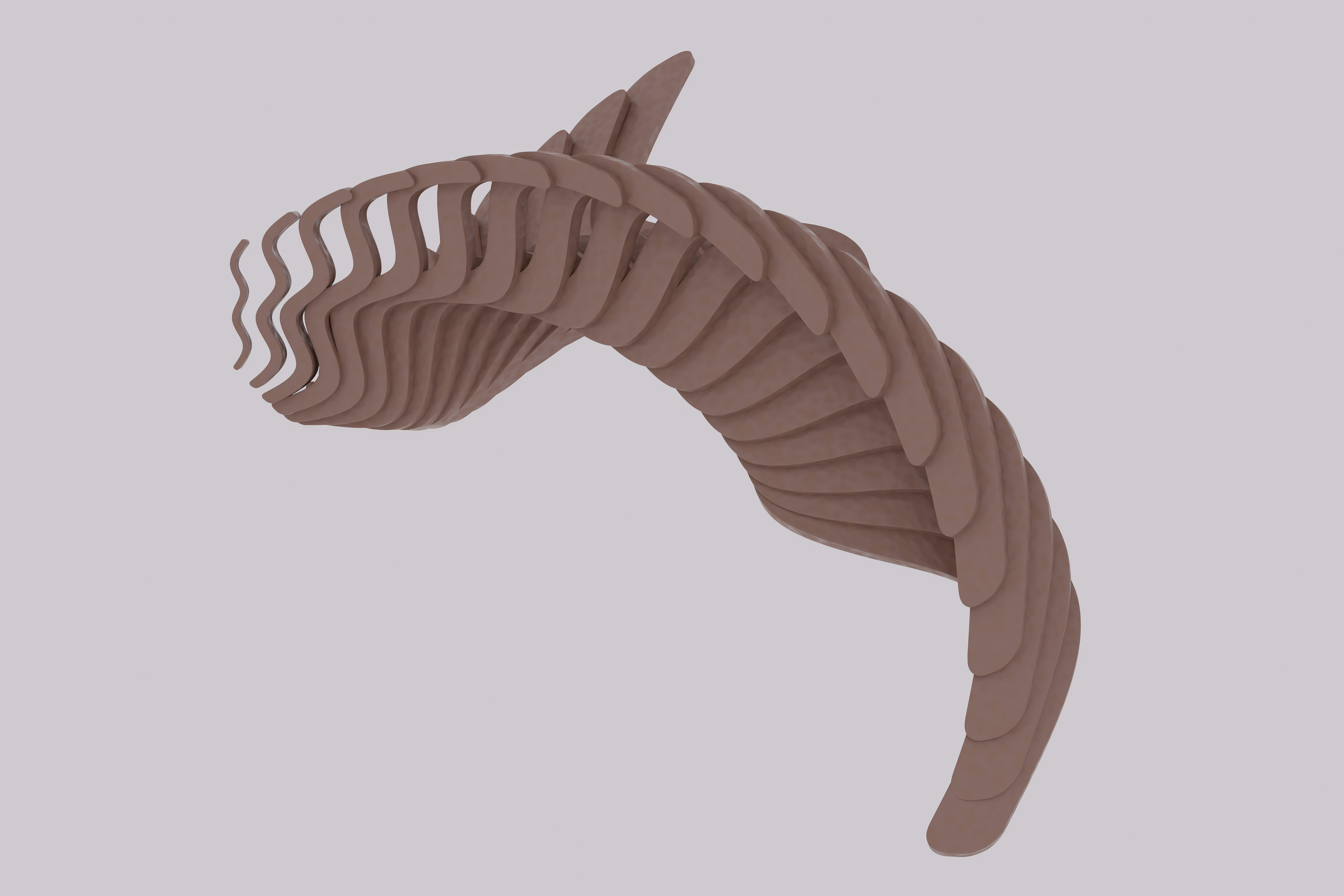 A brown, segmented, abstract sculpture resembling a sea creature