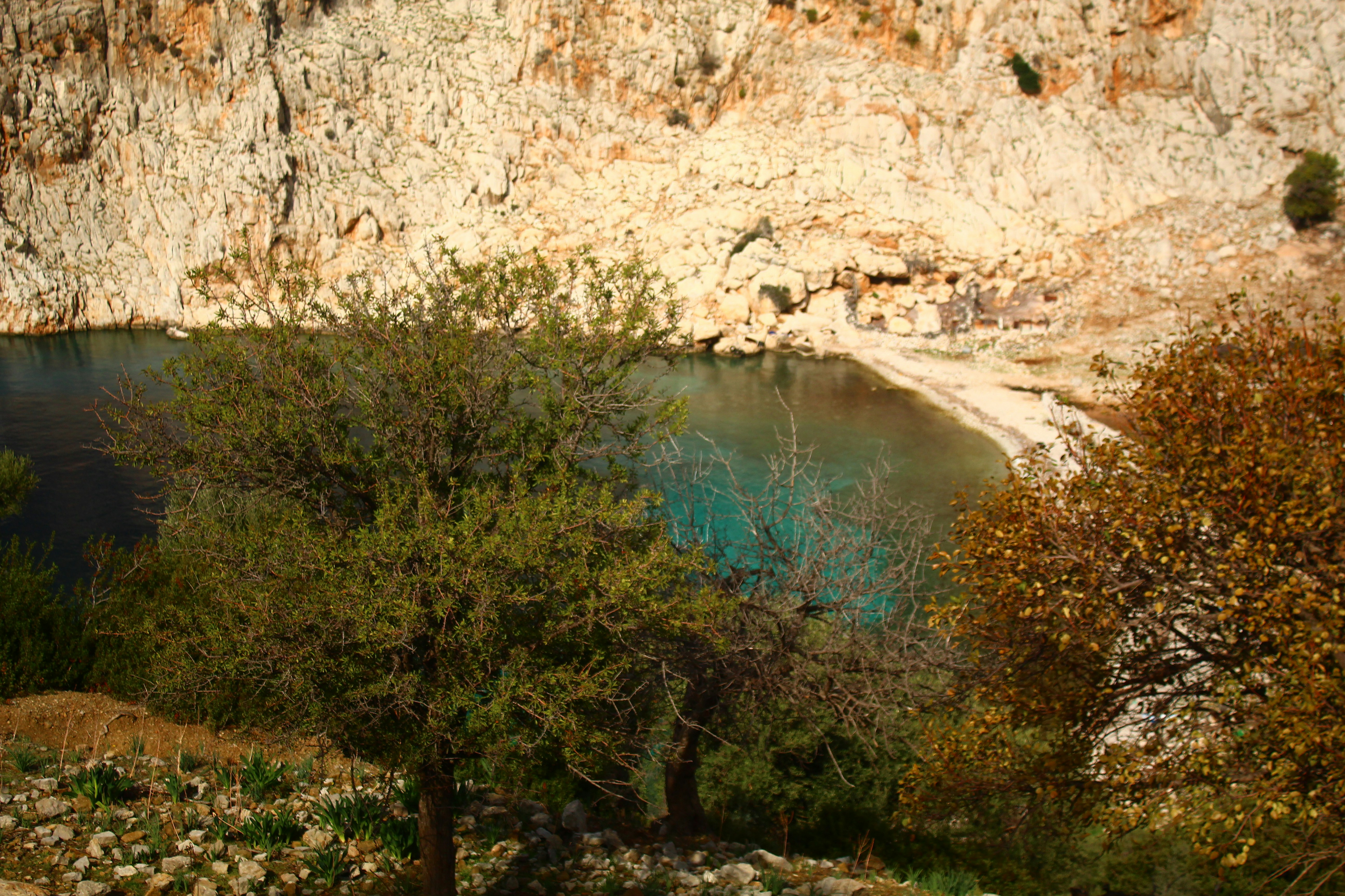 A tranquil turquoise bay surrounded by rugged cliffs and trees.
