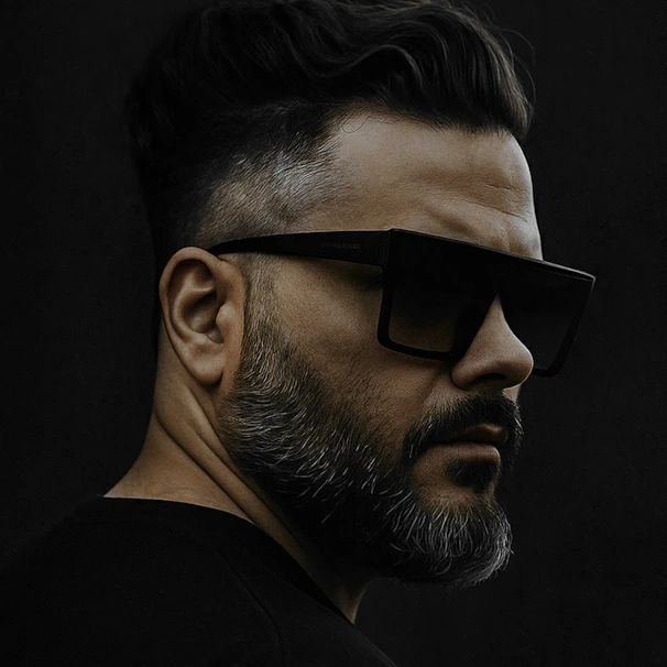Man with sunglasses and beard on black background.