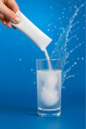 Hand pouring powder from packet into glass of water.