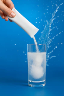 Hand pouring powder from packet into glass of water.