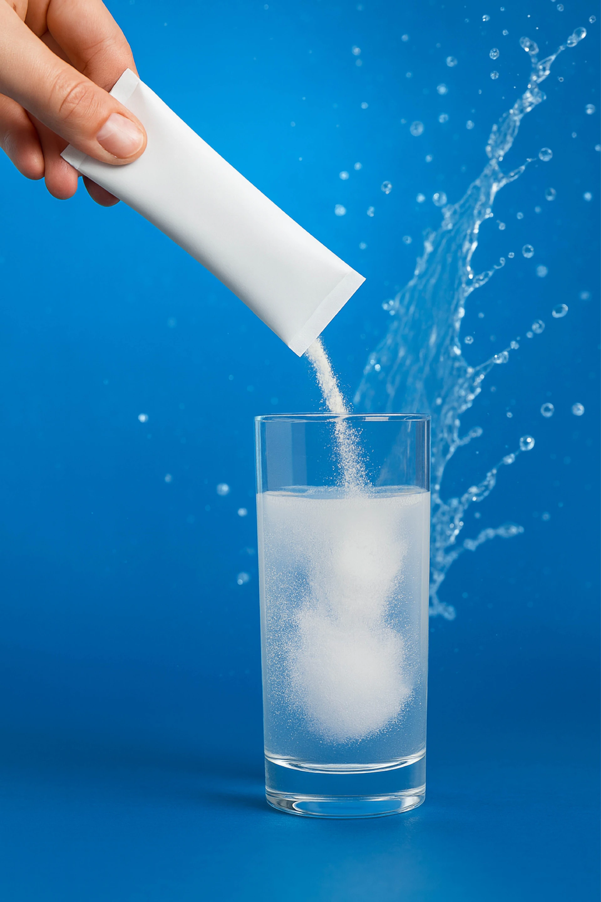 Hand pouring powder from packet into glass of water.