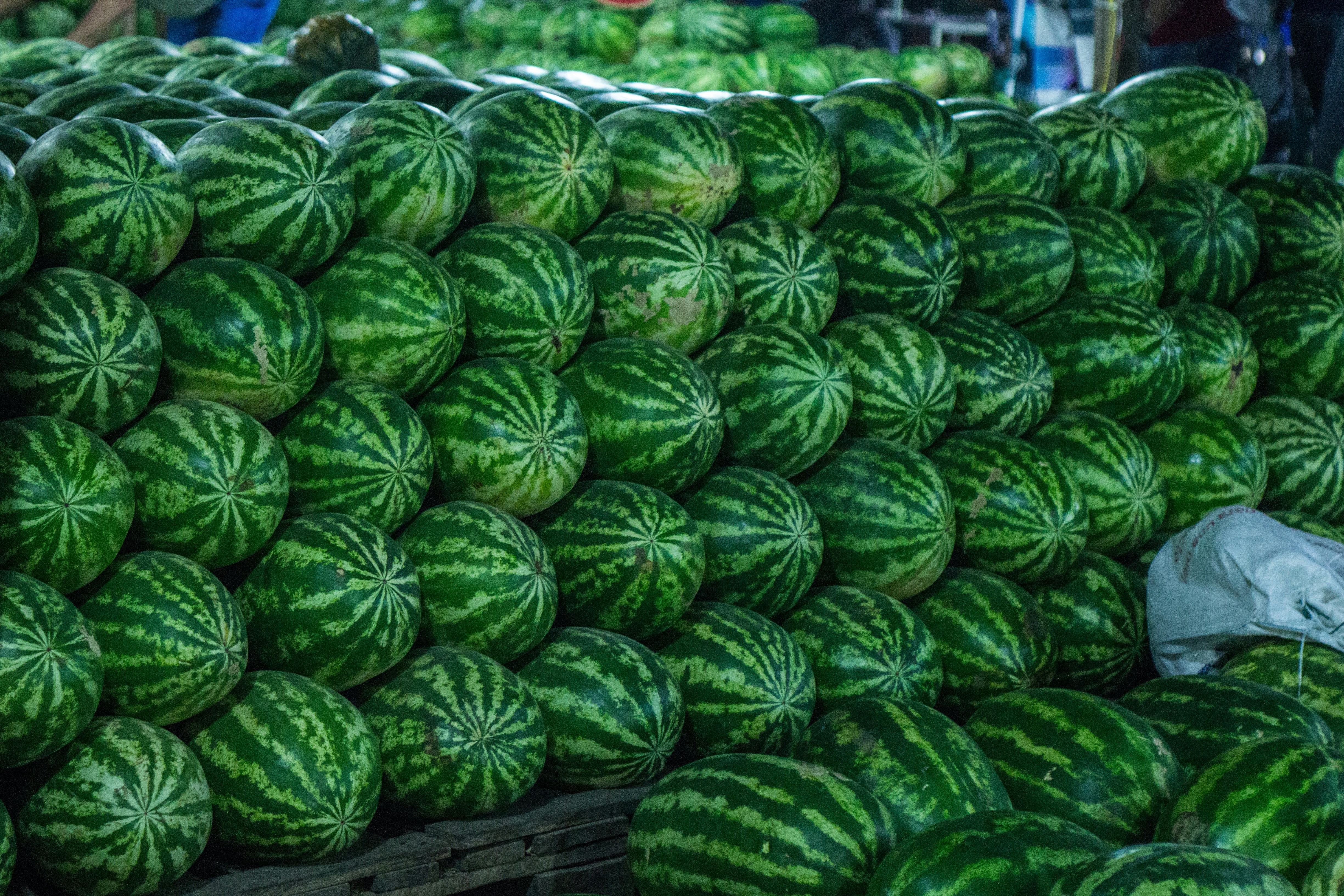 A large stack of fresh watermelons at a market.