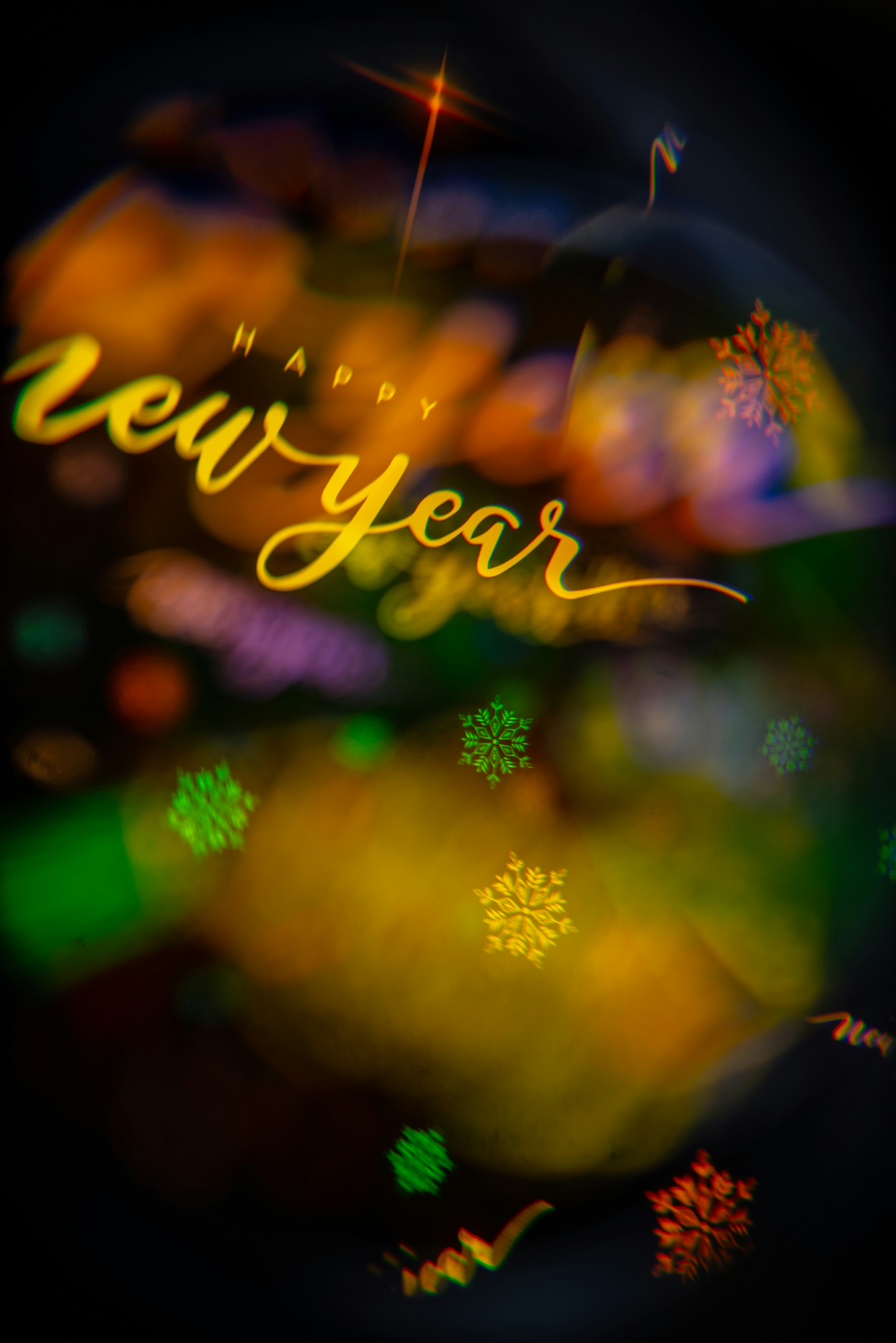 Frohes neues Jahr mit bunten Bokeh und Schneeflocken
