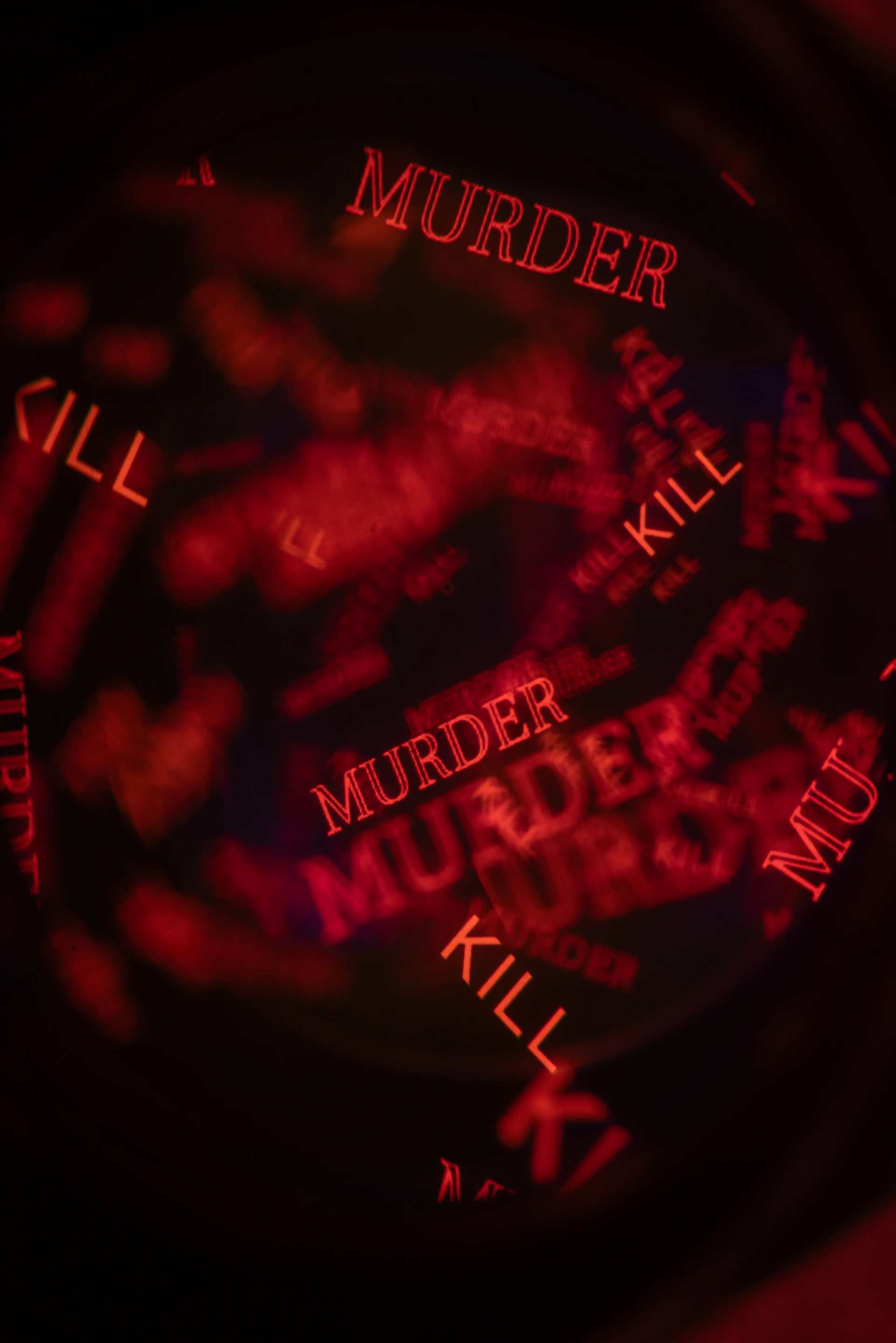Red words 'murder' and 'kill' repeated on dark background