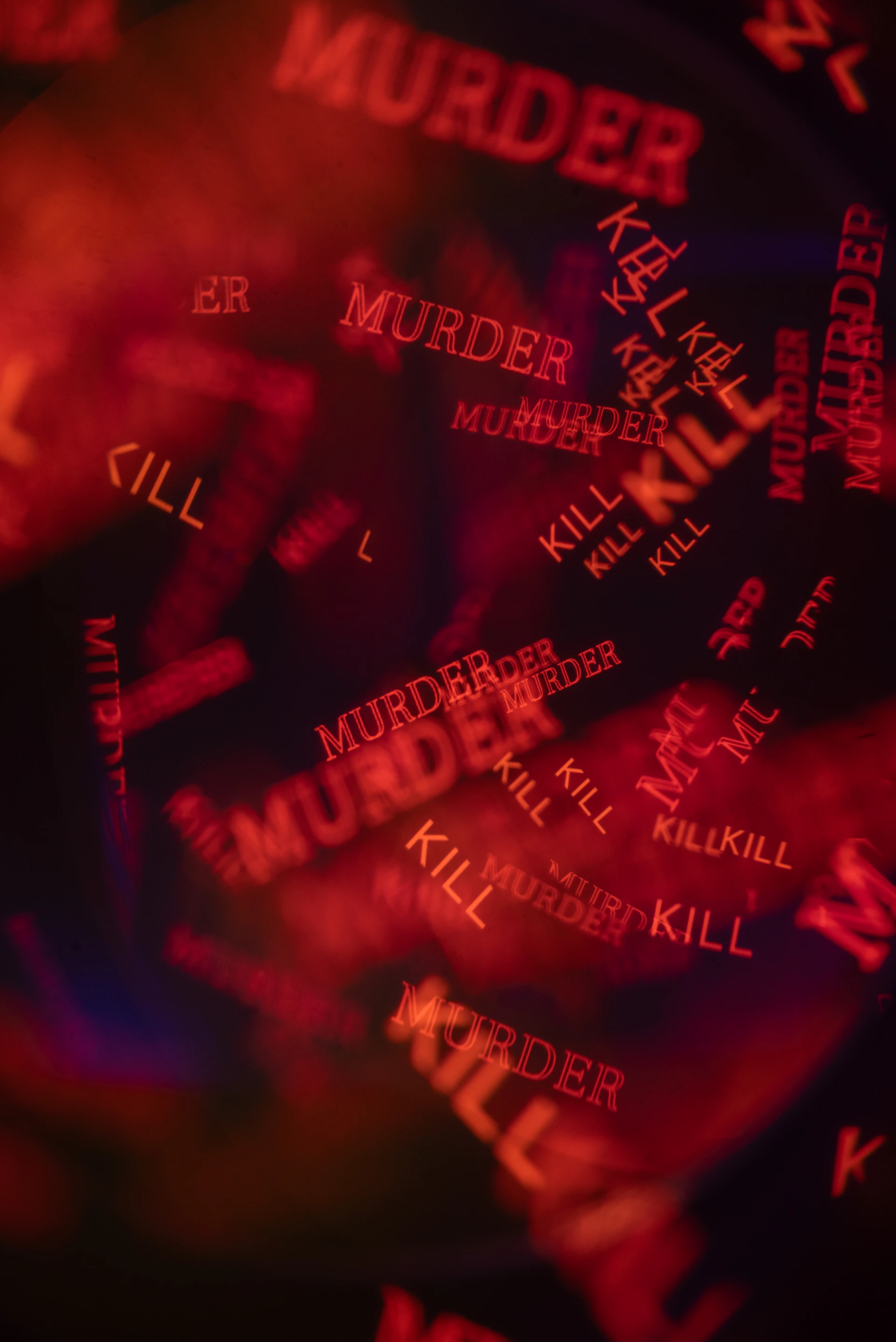 Red words murder and kill scattered on black background.