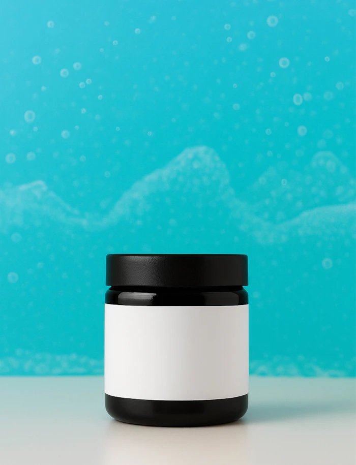 Black supplement jar with a white label on a turquoise background