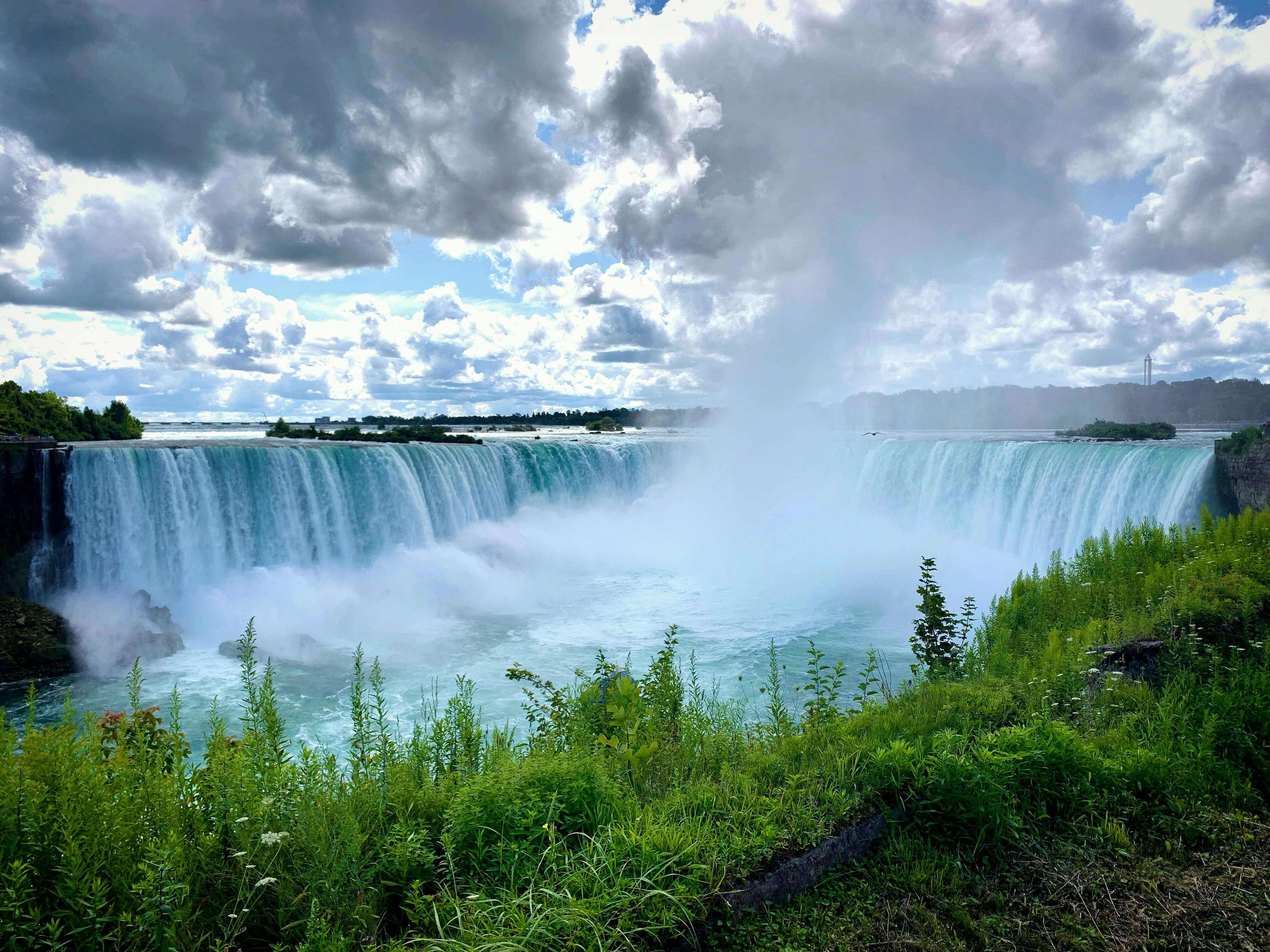 Niagara falls with lush green foreground and cloudy sky