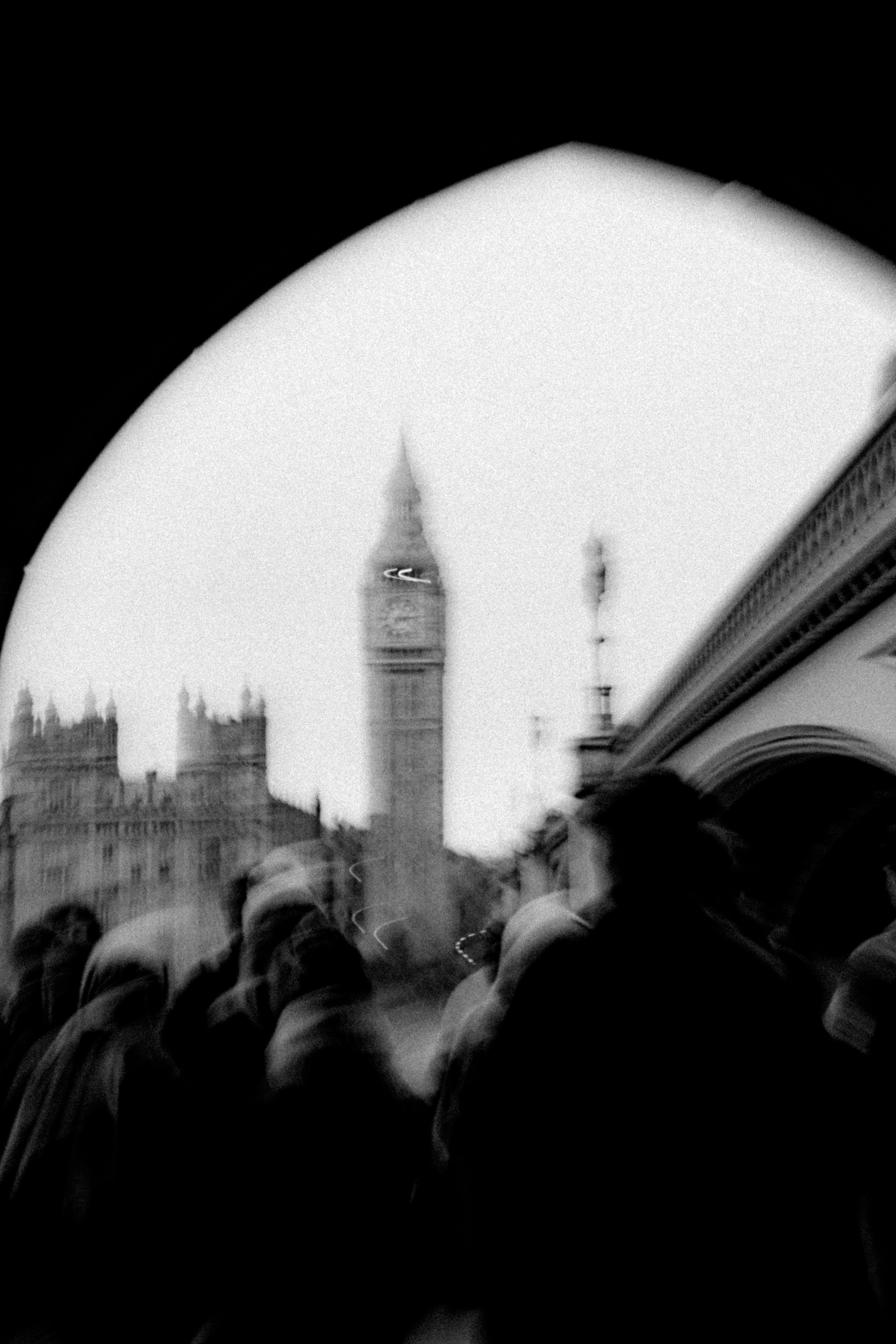 Blurred view of big ben and crowds in london