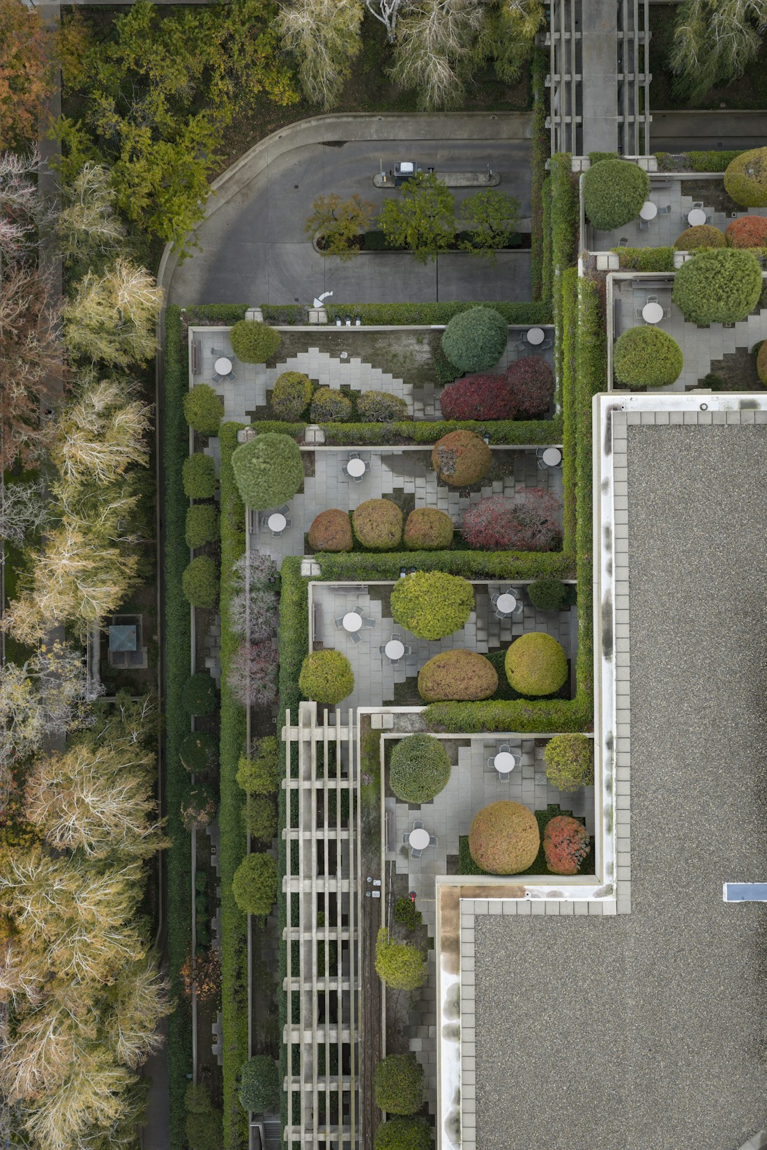 Aerial plan view of a landscaped garden with clipped shrubs and paths