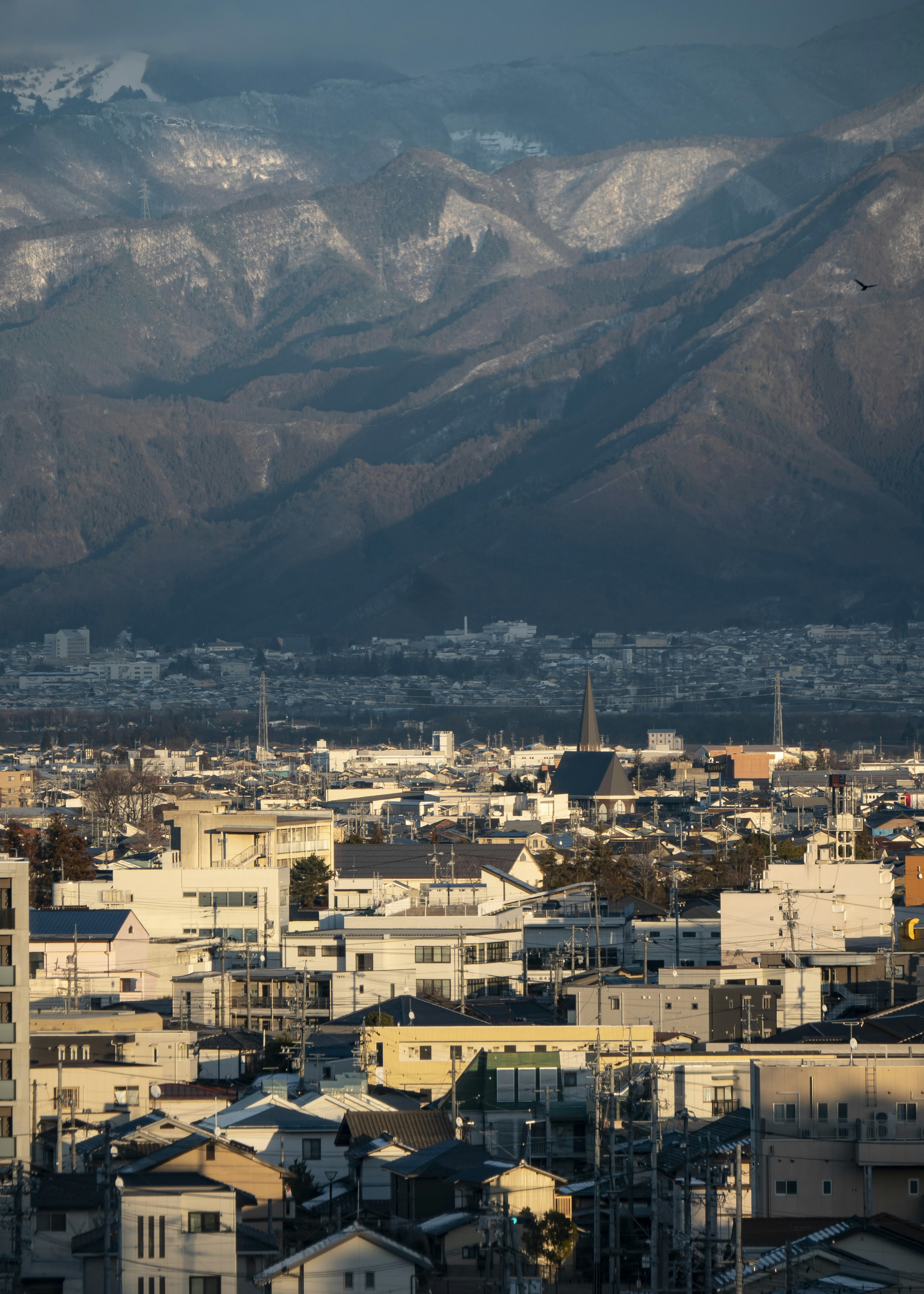 Snow-capped mountains overlook a city at dusk.