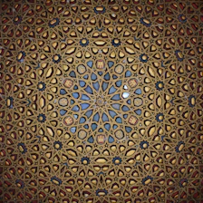 Intricate geometric pattern of a wooden ceiling