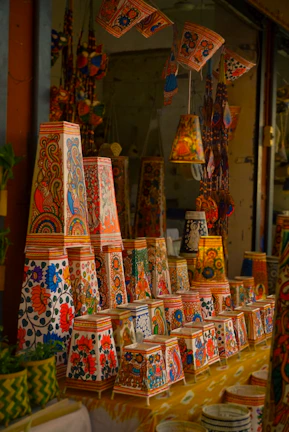 Colorful, decorated lanterns and baskets for sale