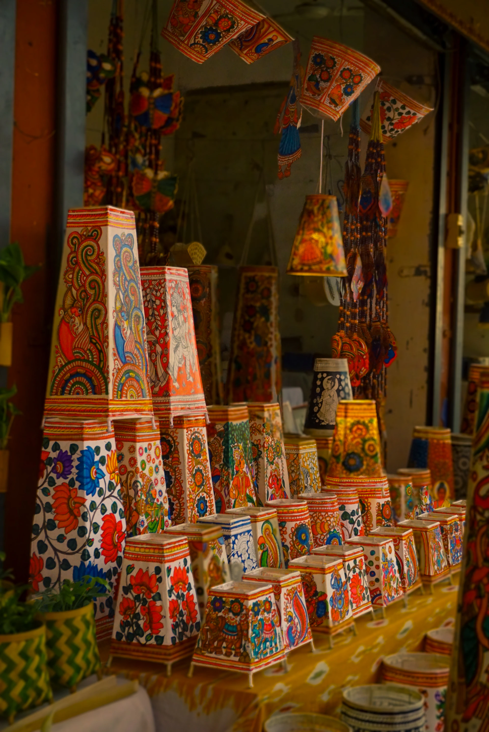 Colorful, decorated lanterns and baskets for sale