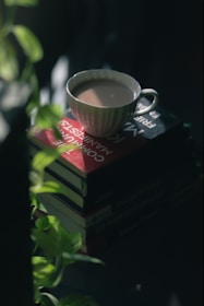 A cup of coffee sits on a stack of books.