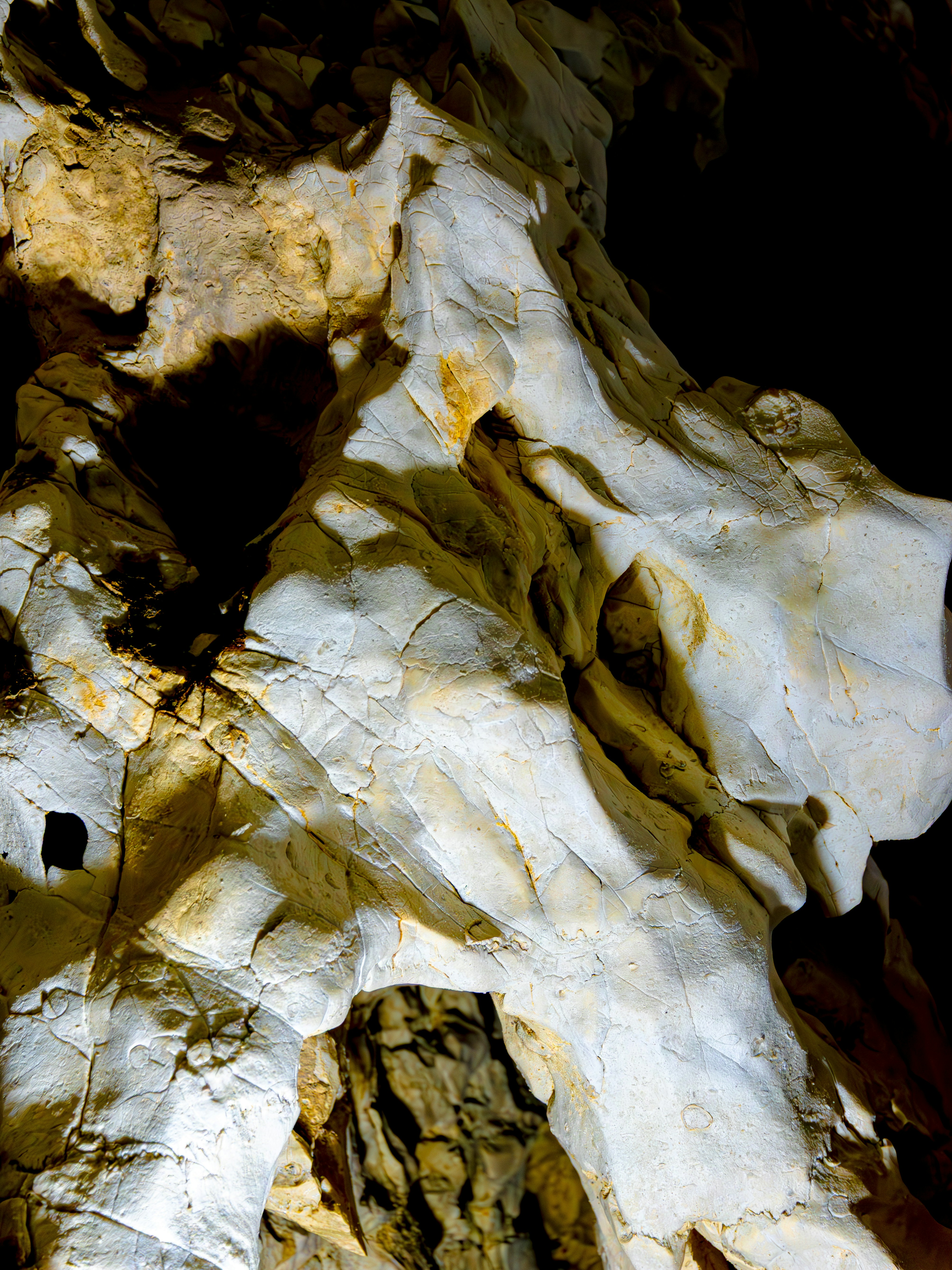 Close-up of textured cave formations with white and brown hues.