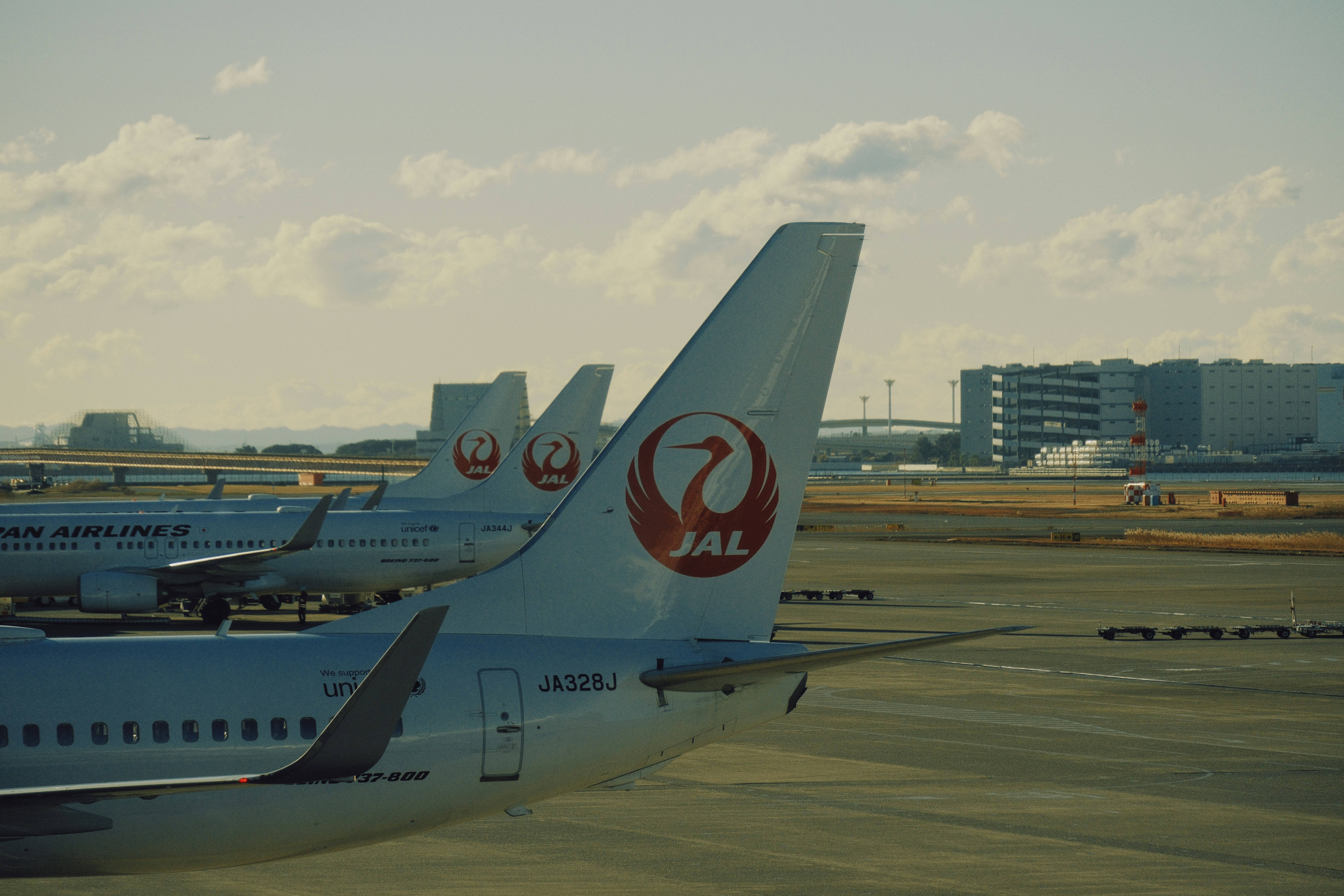 Japan airlines planes lined up at airport