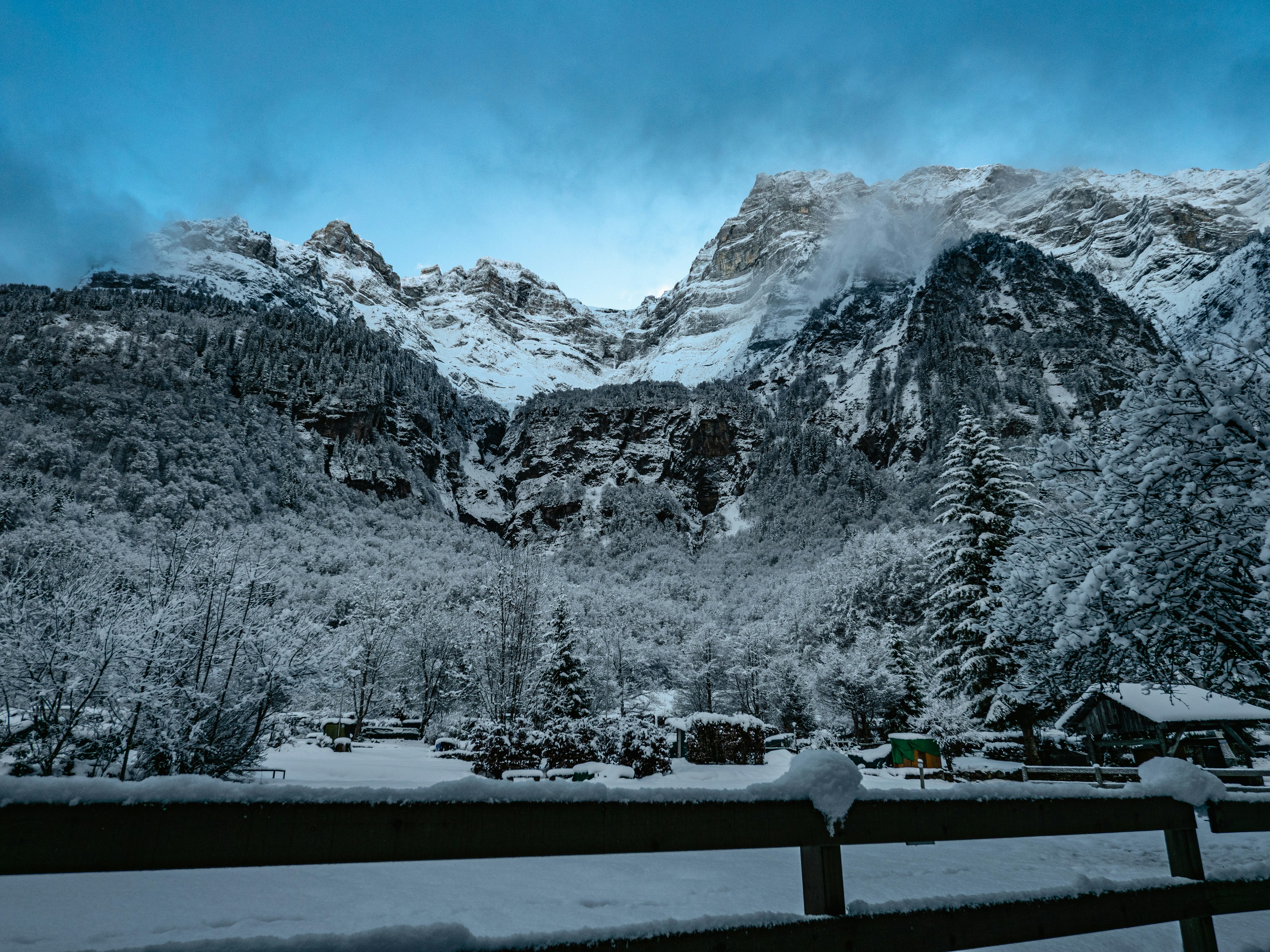 Snow covered mountains and trees under a blue sky.