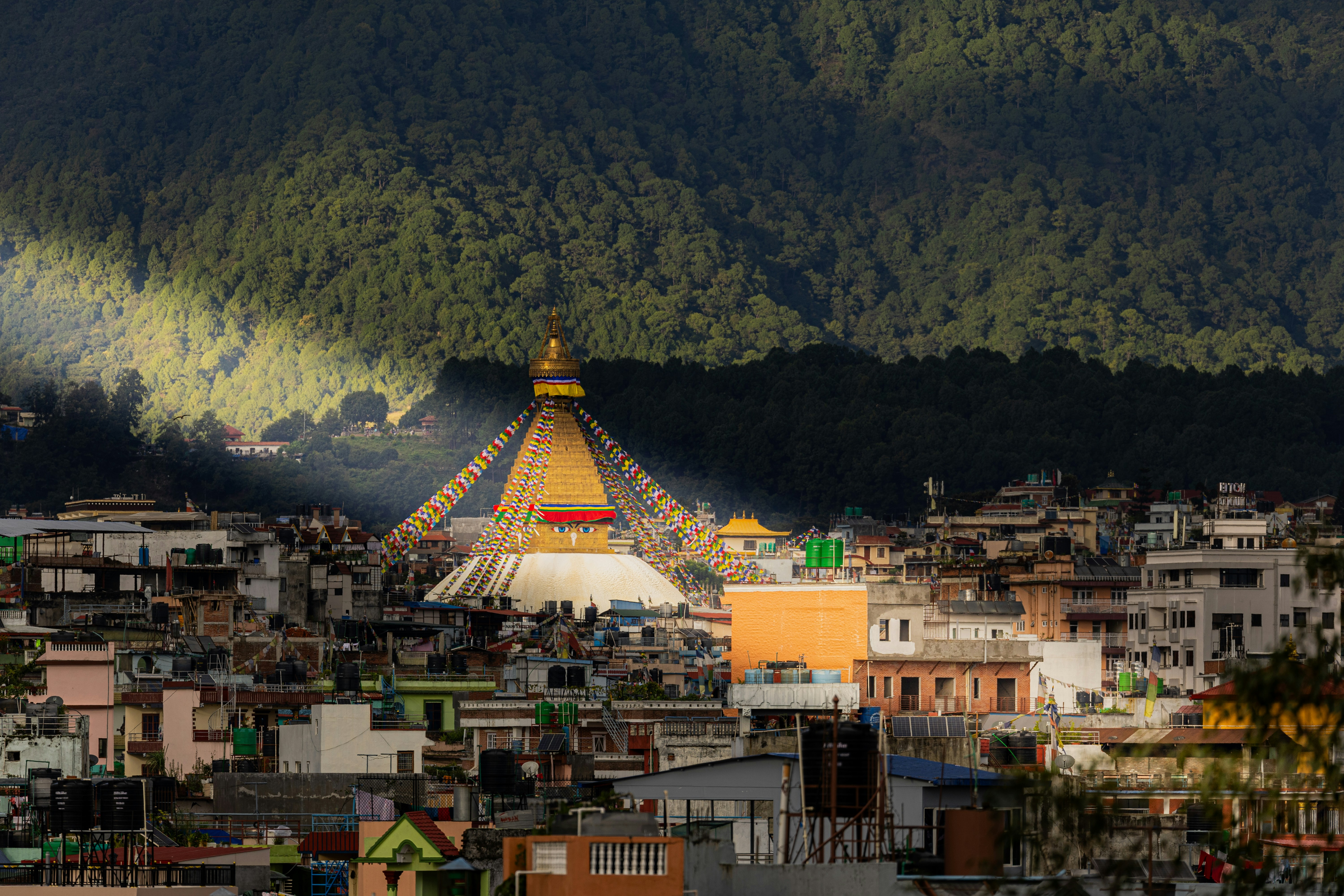 Light Rays Illuminating the Boudhanath Stupa