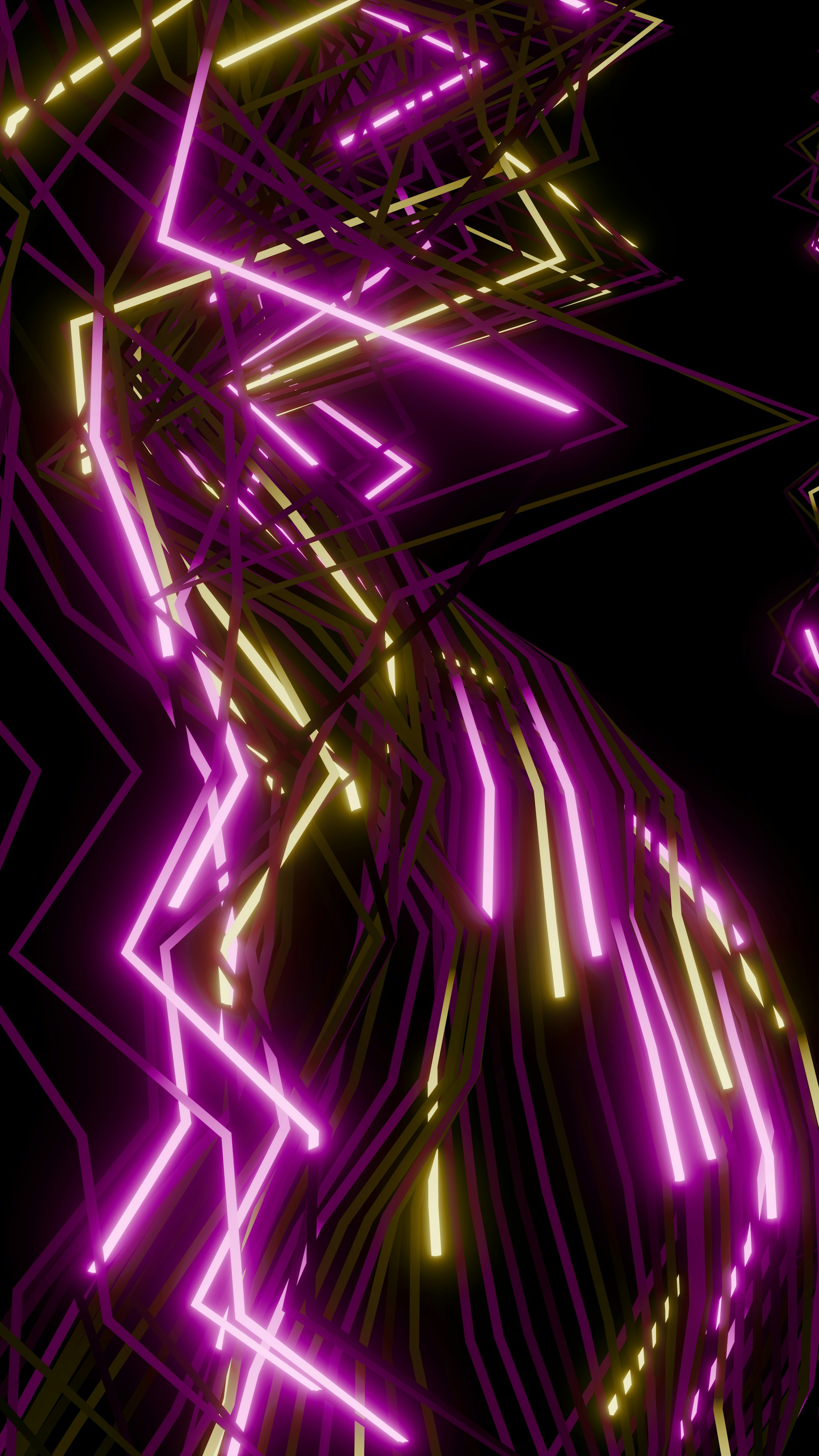 Abstract neon lines in purple and yellow on black