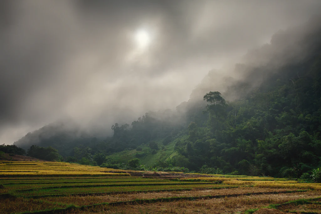 Misty forested mountains rising above terraced rice fields in Mae Chaem, northern Thailand