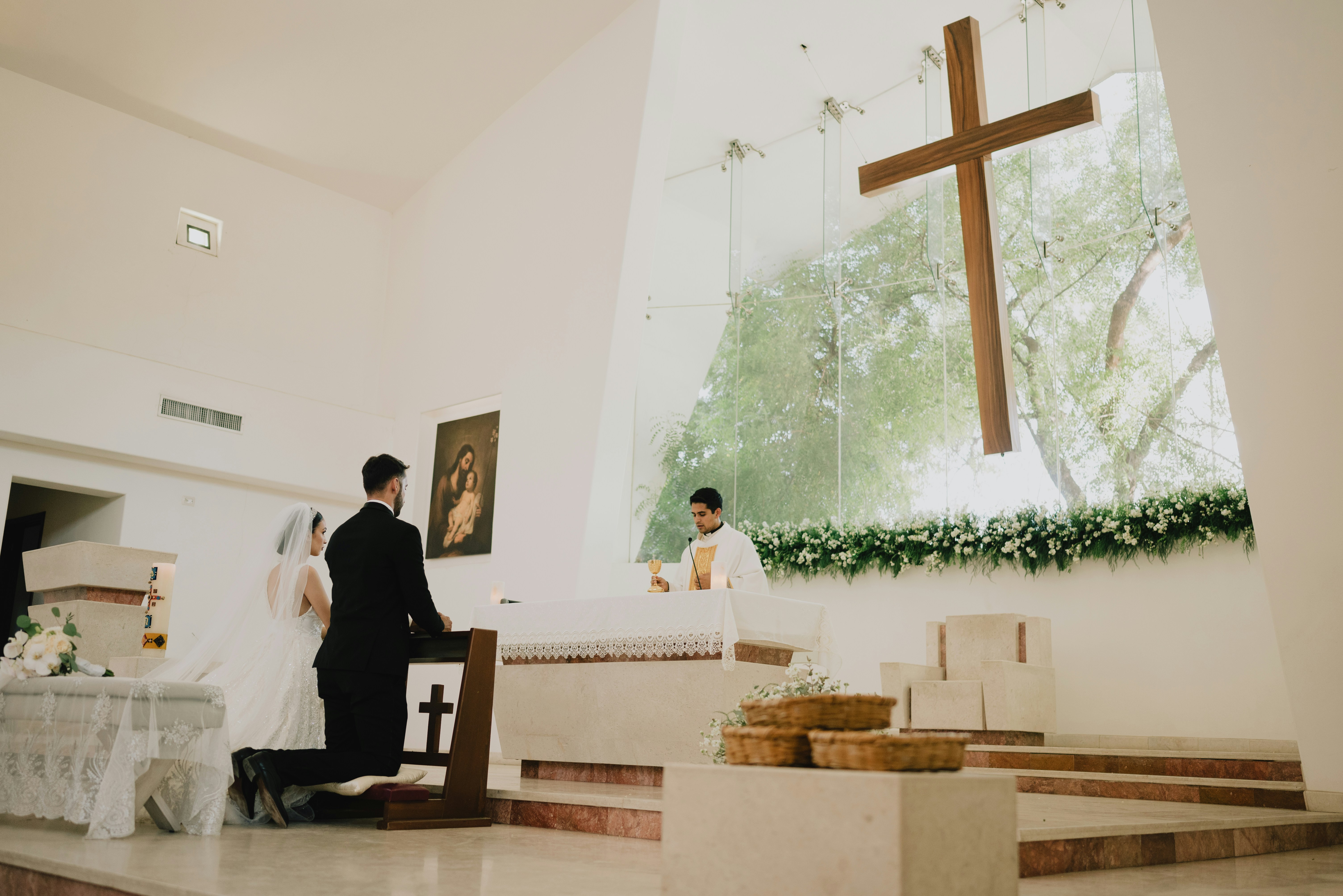 A wedding ceremony taking place inside a church.