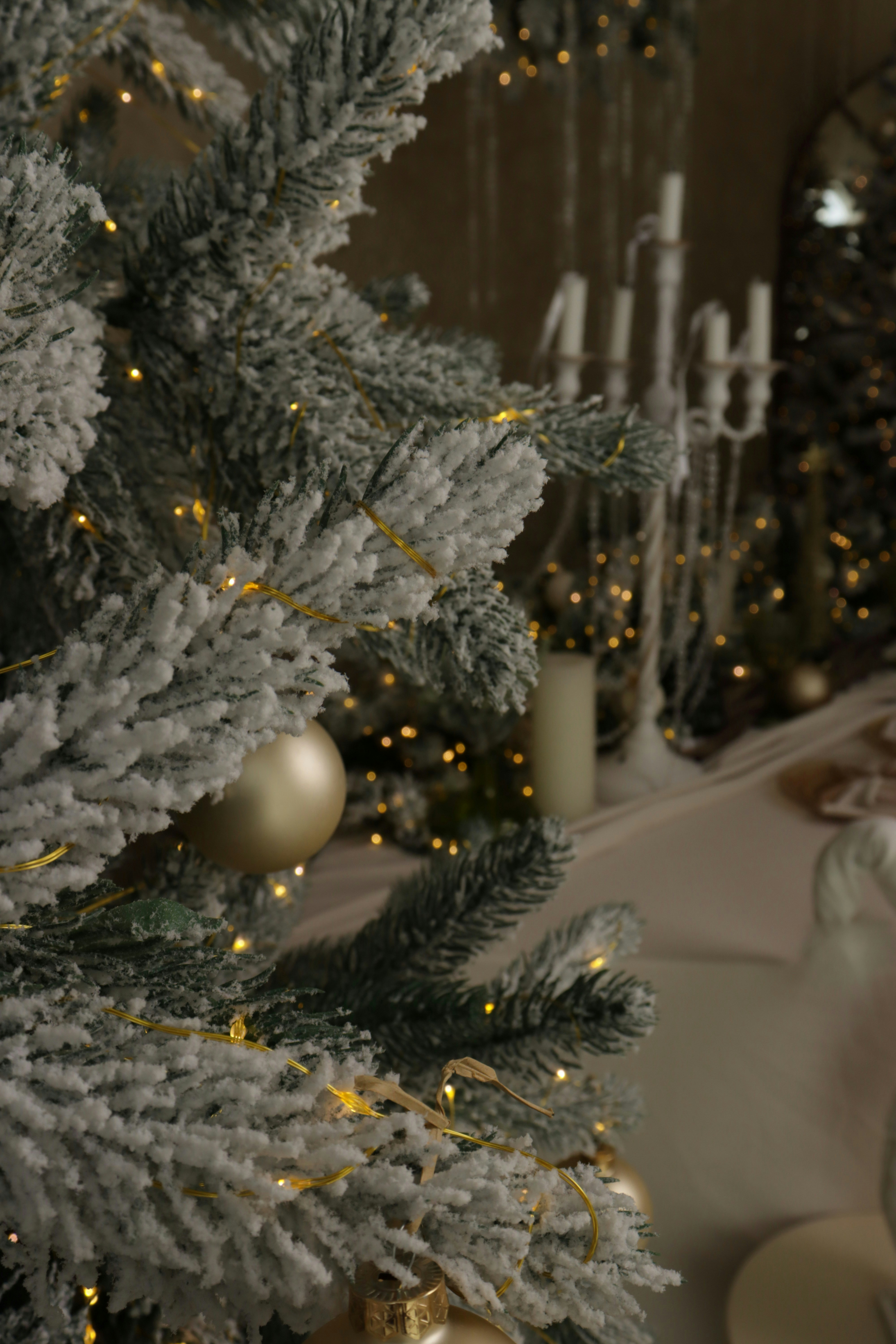 Frosted christmas tree with warm fairy lights.