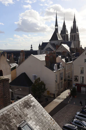 Rooftops and church spires in a european town