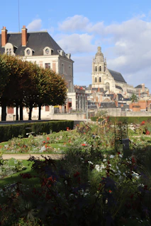 Ornate church tower overlooks blooming garden and buildings.
