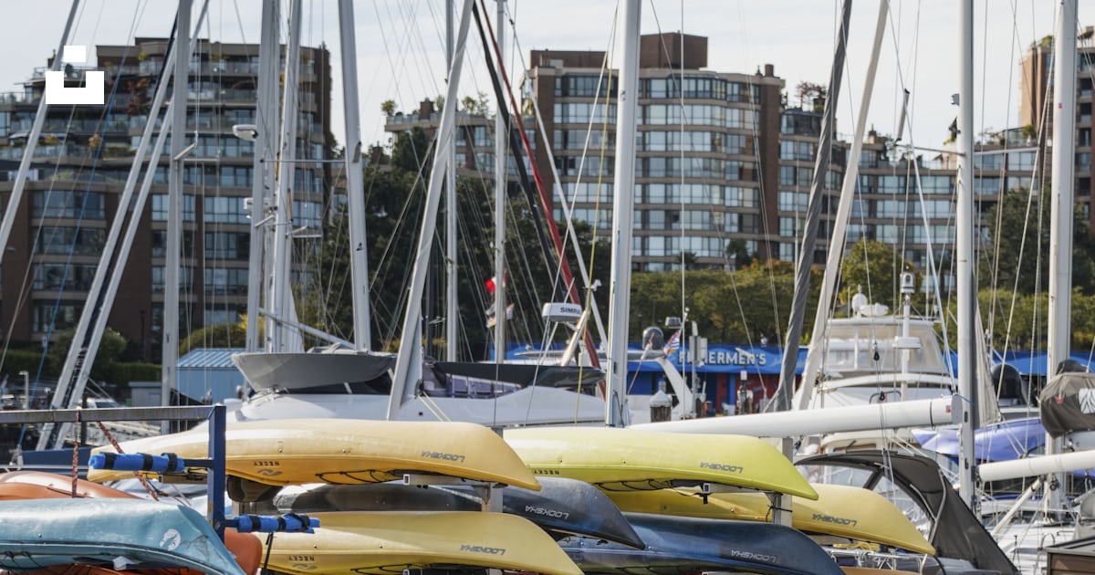 Colorful kayaks stacked on racks at a marina. photo – Free Summer Image ...