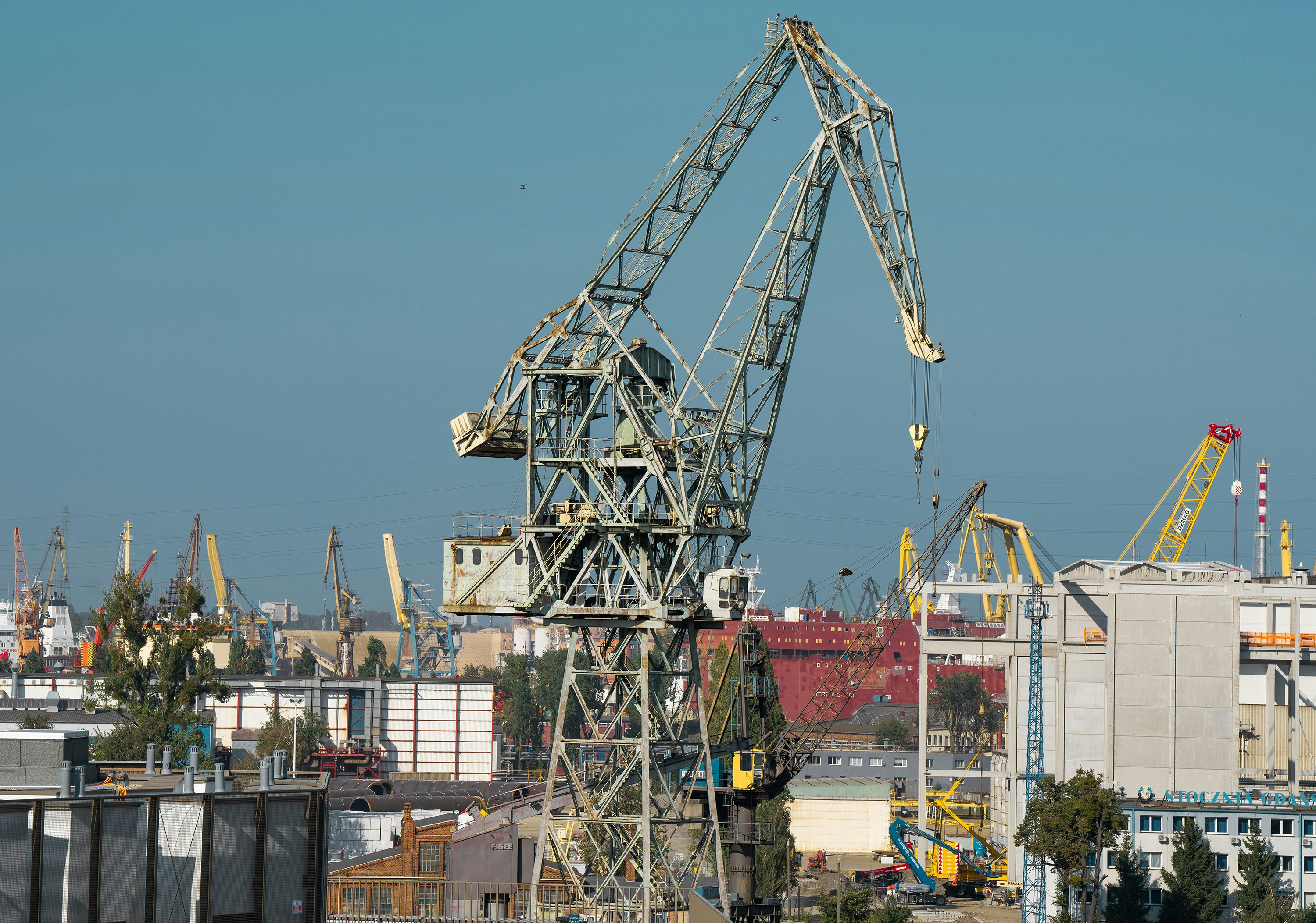 Large industrial cranes against a clear blue sky